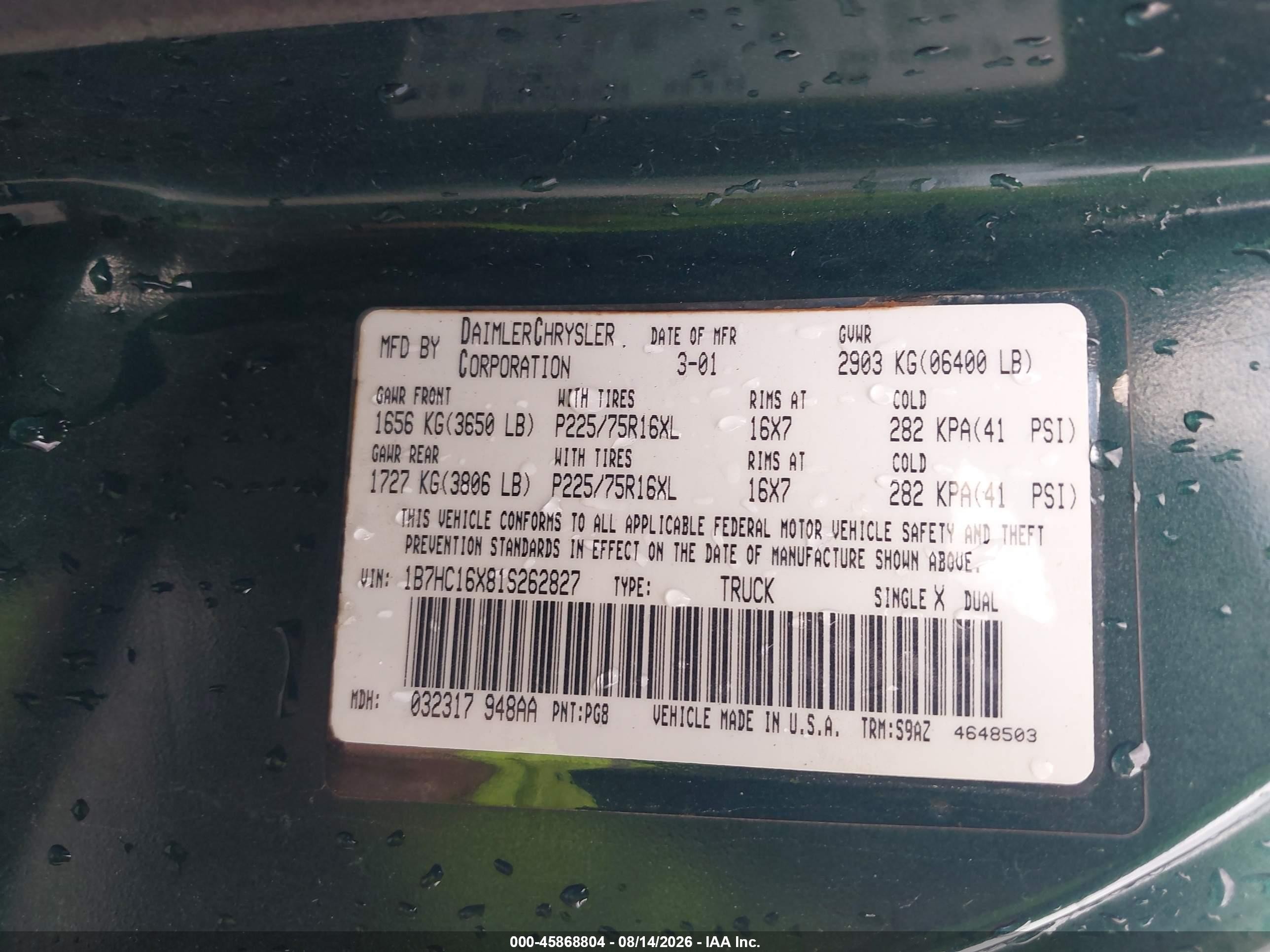 2001 Dodge Ram 1500 St/ws Зеленый vin: 1B7HC16X81S262827