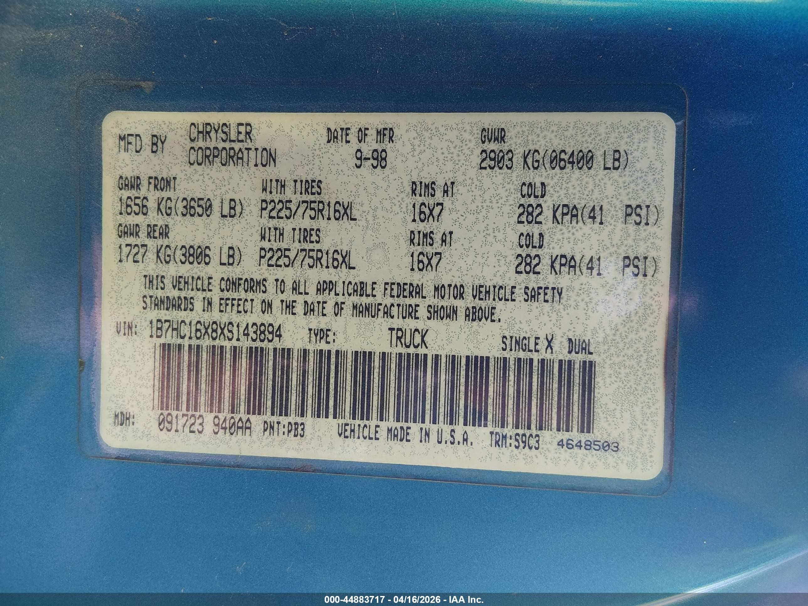 1999 Dodge Ram 1500 St/ws Blue vin: 1B7HC16X8XS143894