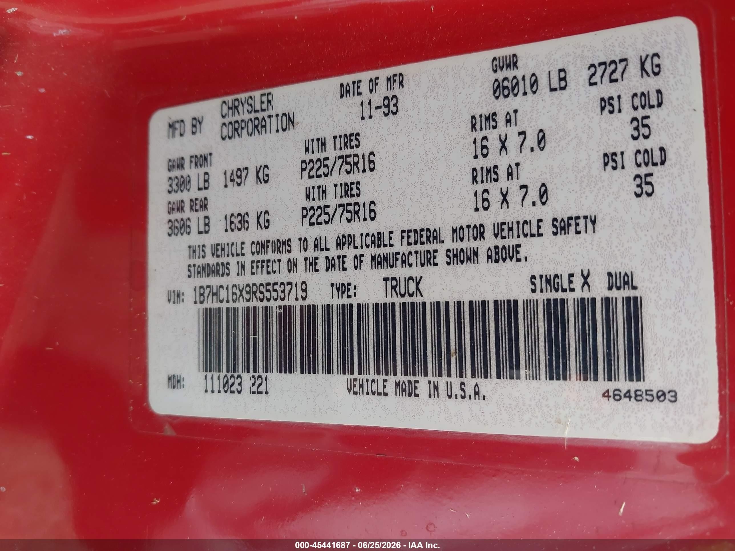 1994 Dodge Ram 1500   Red vin: 1B7HC16X9RS553719