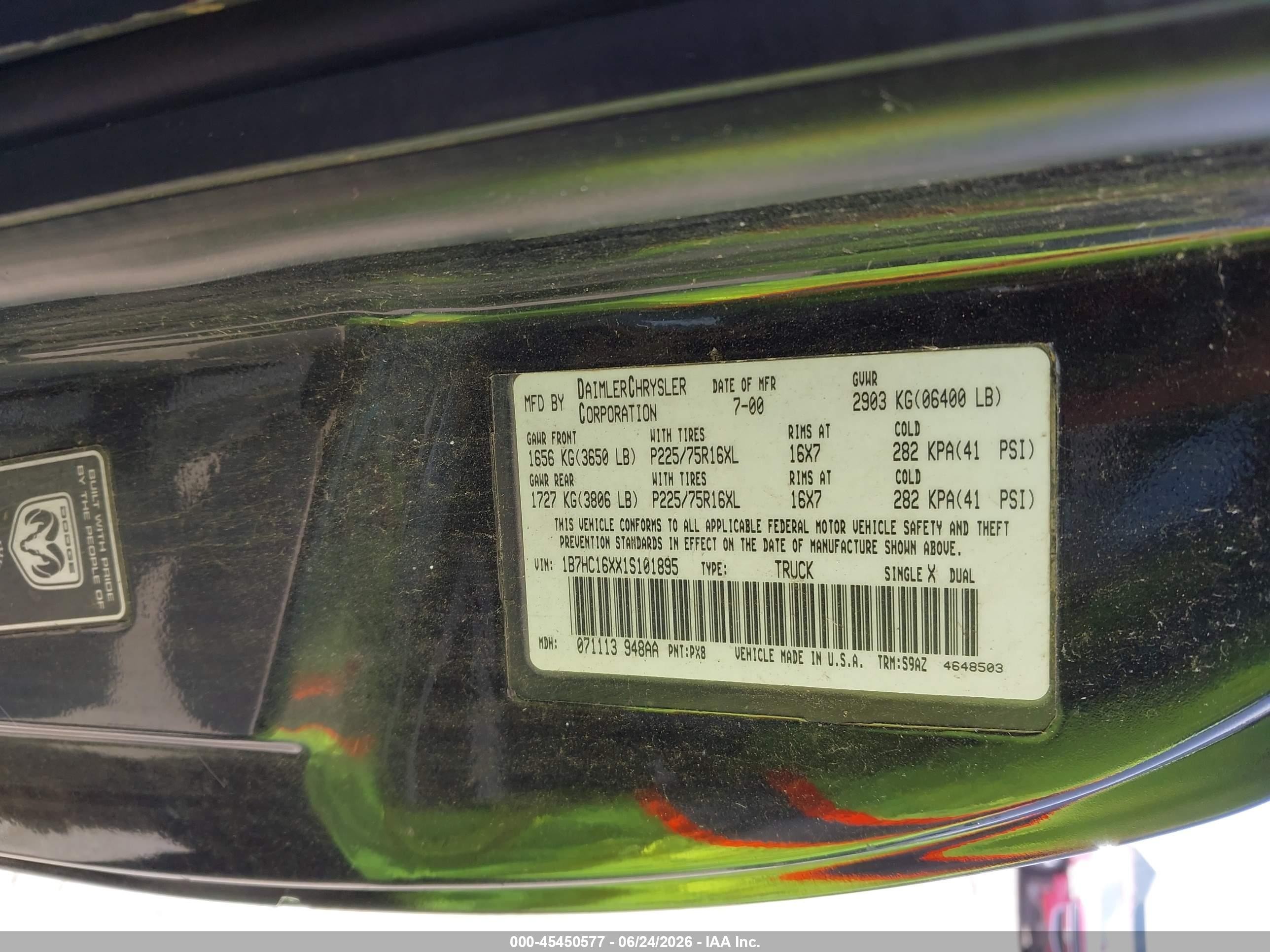 2001 Dodge Ram 1500 St/ws Черный vin: 1B7HC16XX1S101895