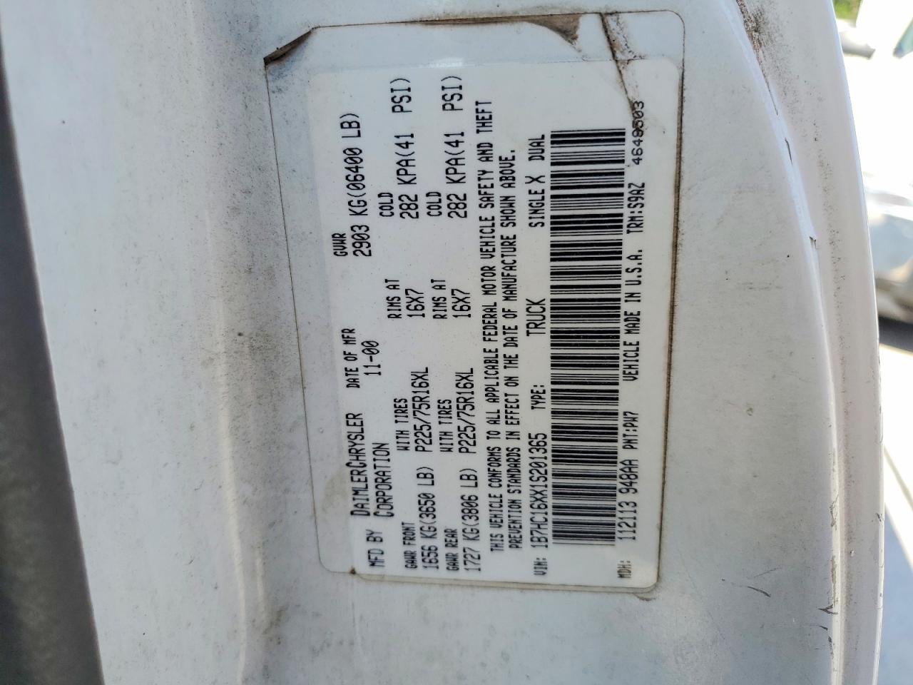 2001 Dodge 1500 White vin: 1B7HC16XX1S201365