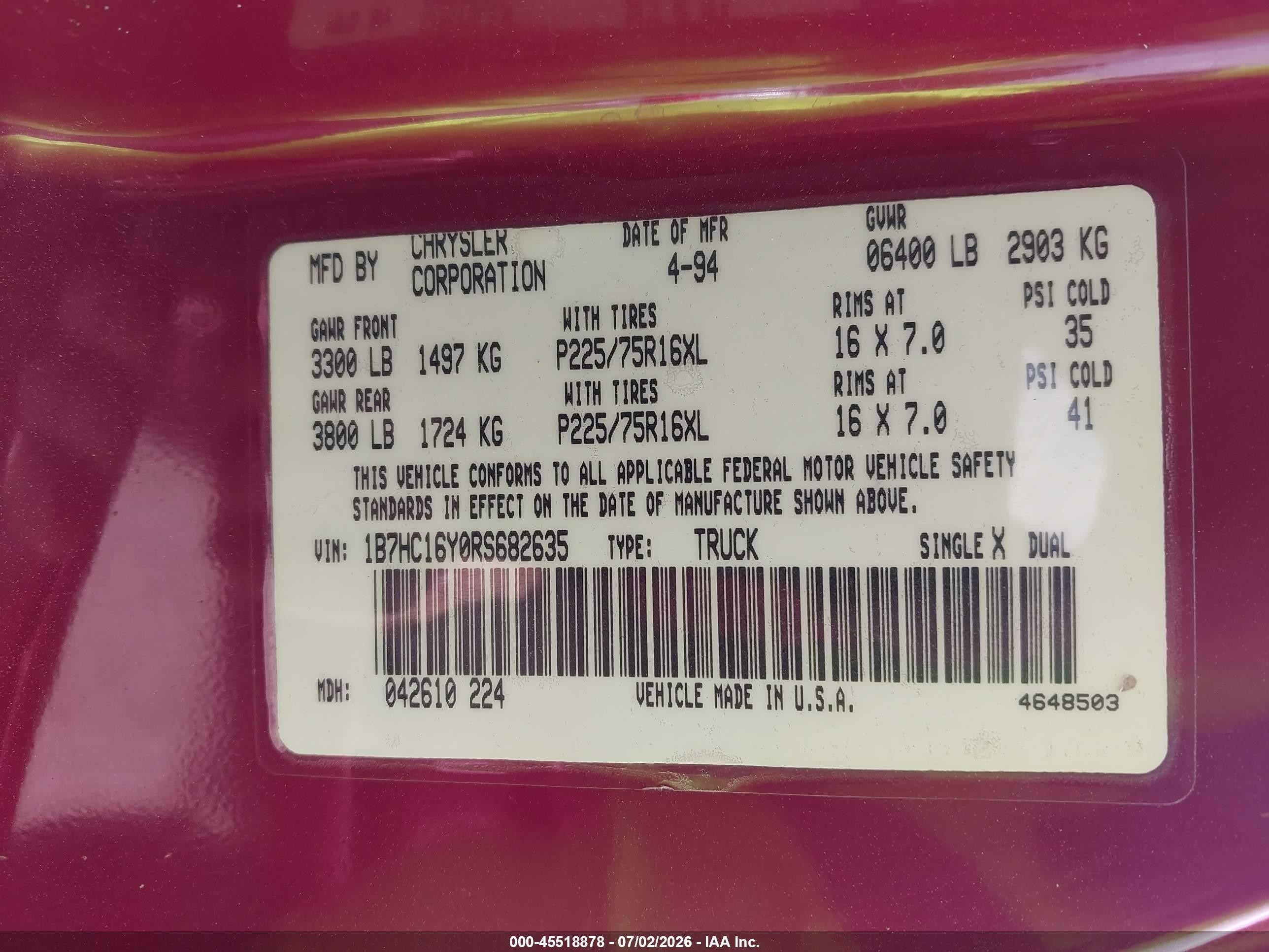 1994 Dodge Ram 1500   Red vin: 1B7HC16Y0RS682635