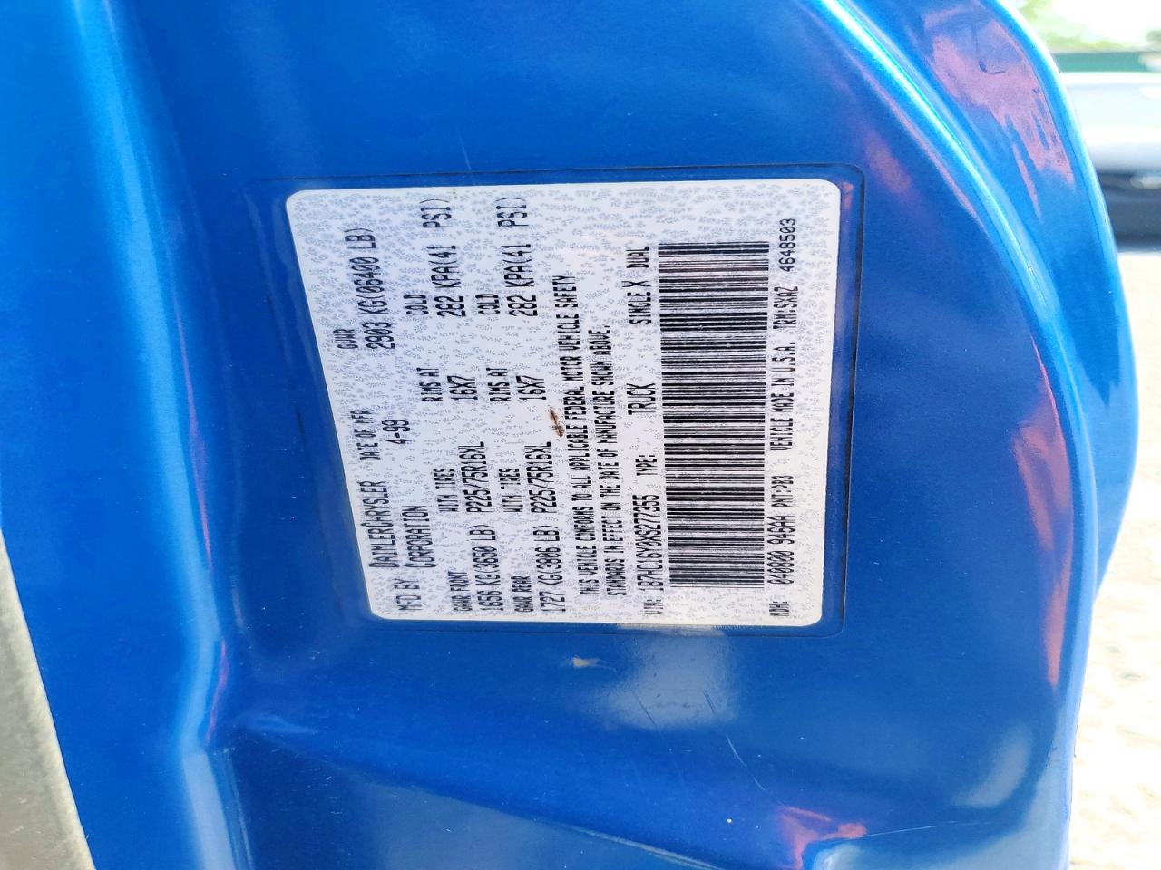1999 Dodge Ram Pu1500 Blue vin: 1B7HC16Y0XS277355