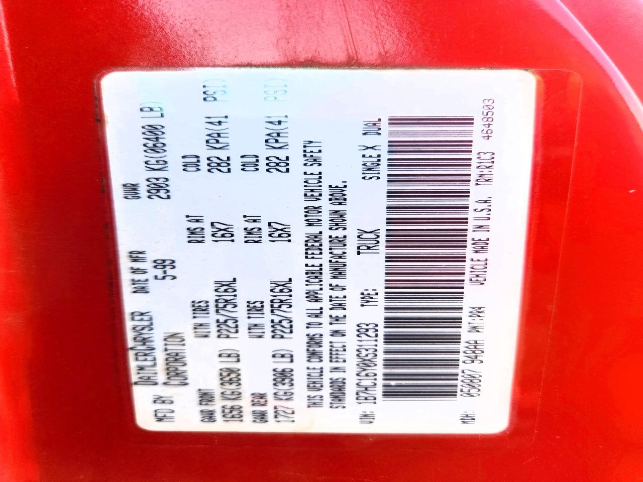 1999 Dodge Ram 1500 Red vin: 1B7HC16Y0XS311293