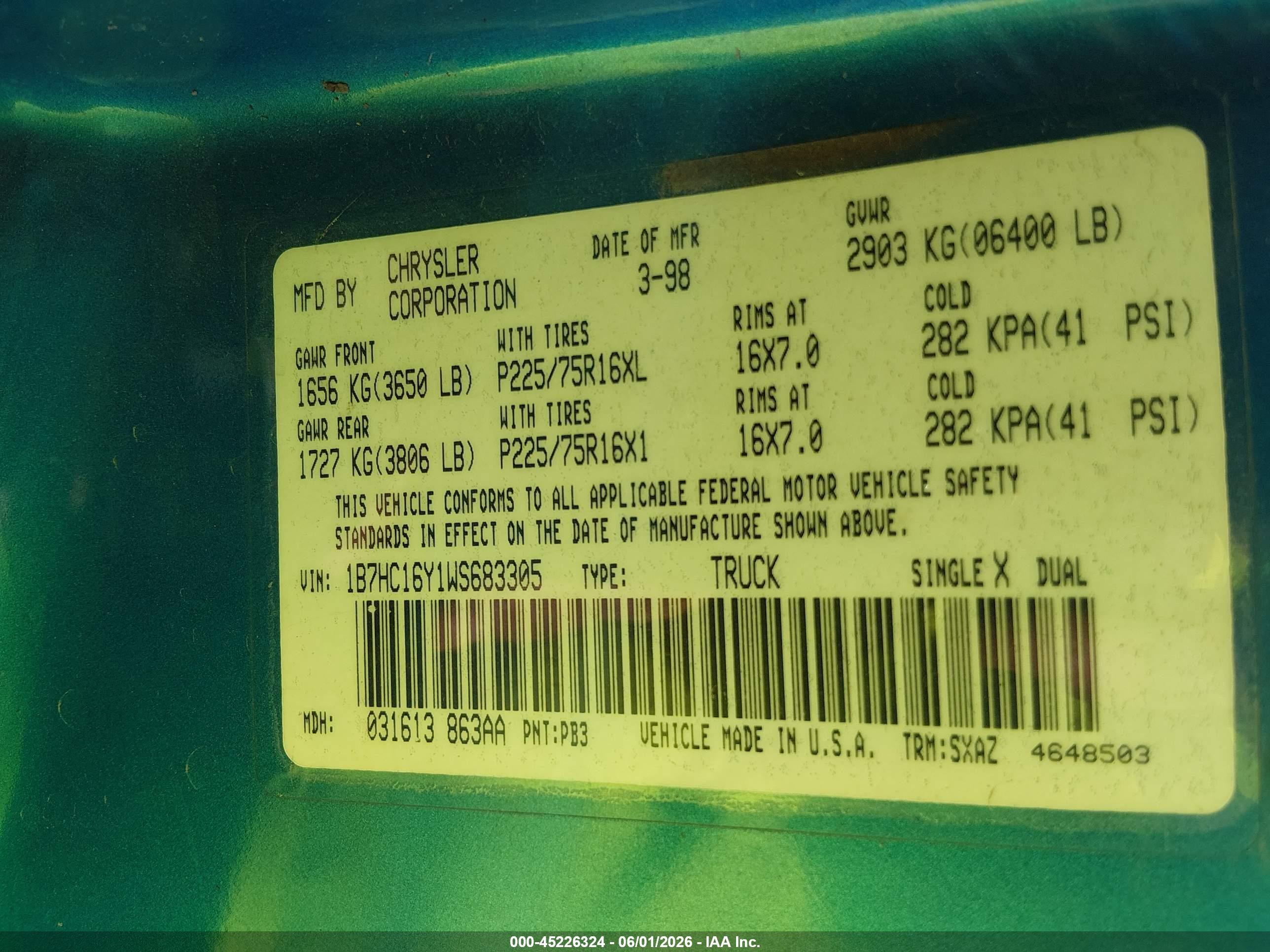 1998 Dodge Ram 1500 St Blue vin: 1B7HC16Y1WS683305