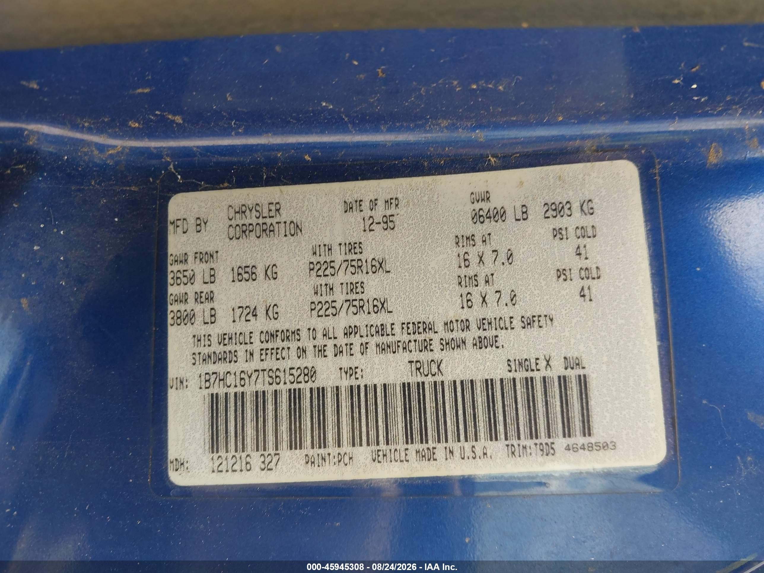 1996 Dodge Ram 1500   Blue vin: 1B7HC16Y7TS615280