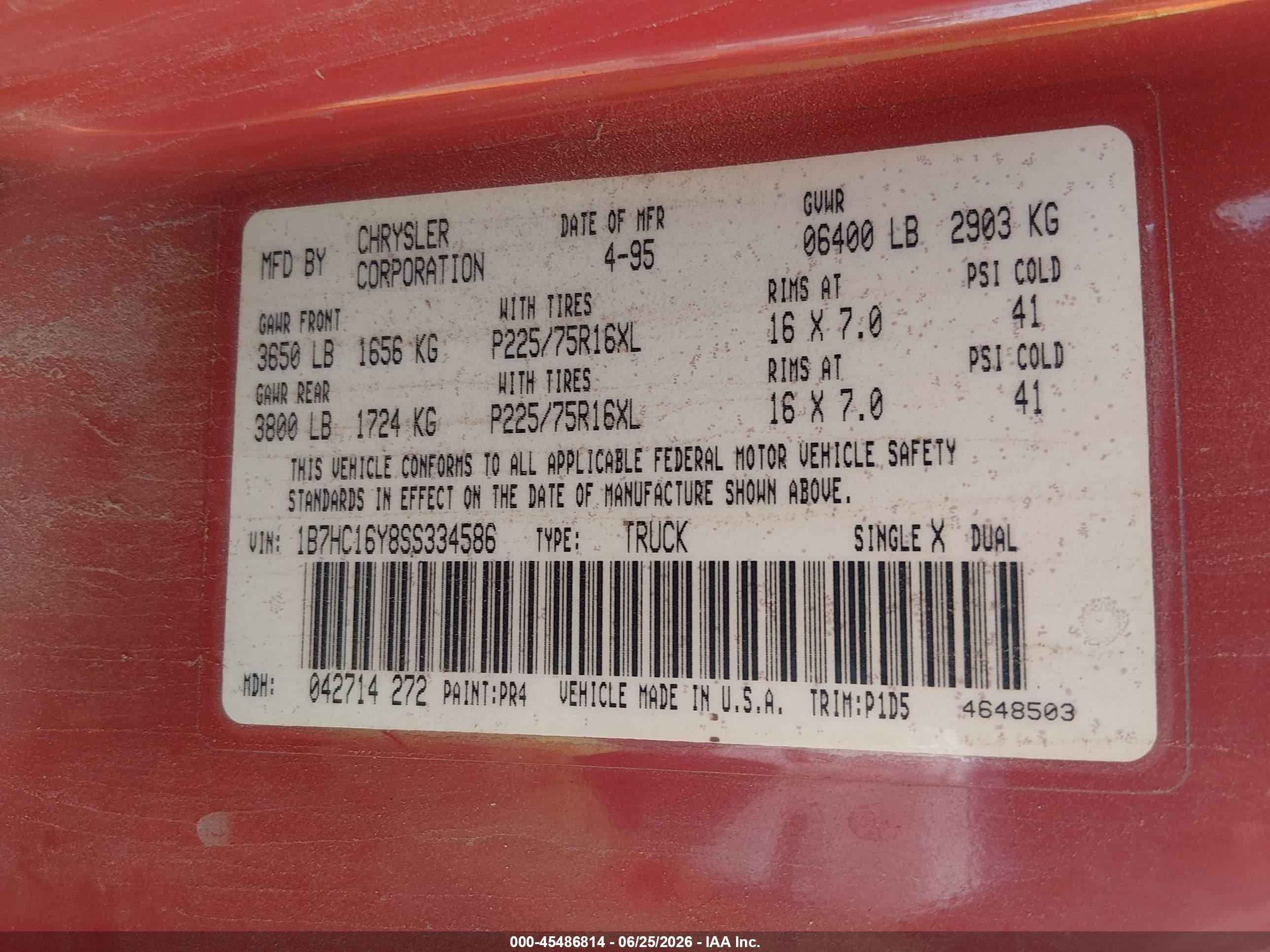 1995 Dodge Ram 1500   Red vin: 1B7HC16Y8SS334586