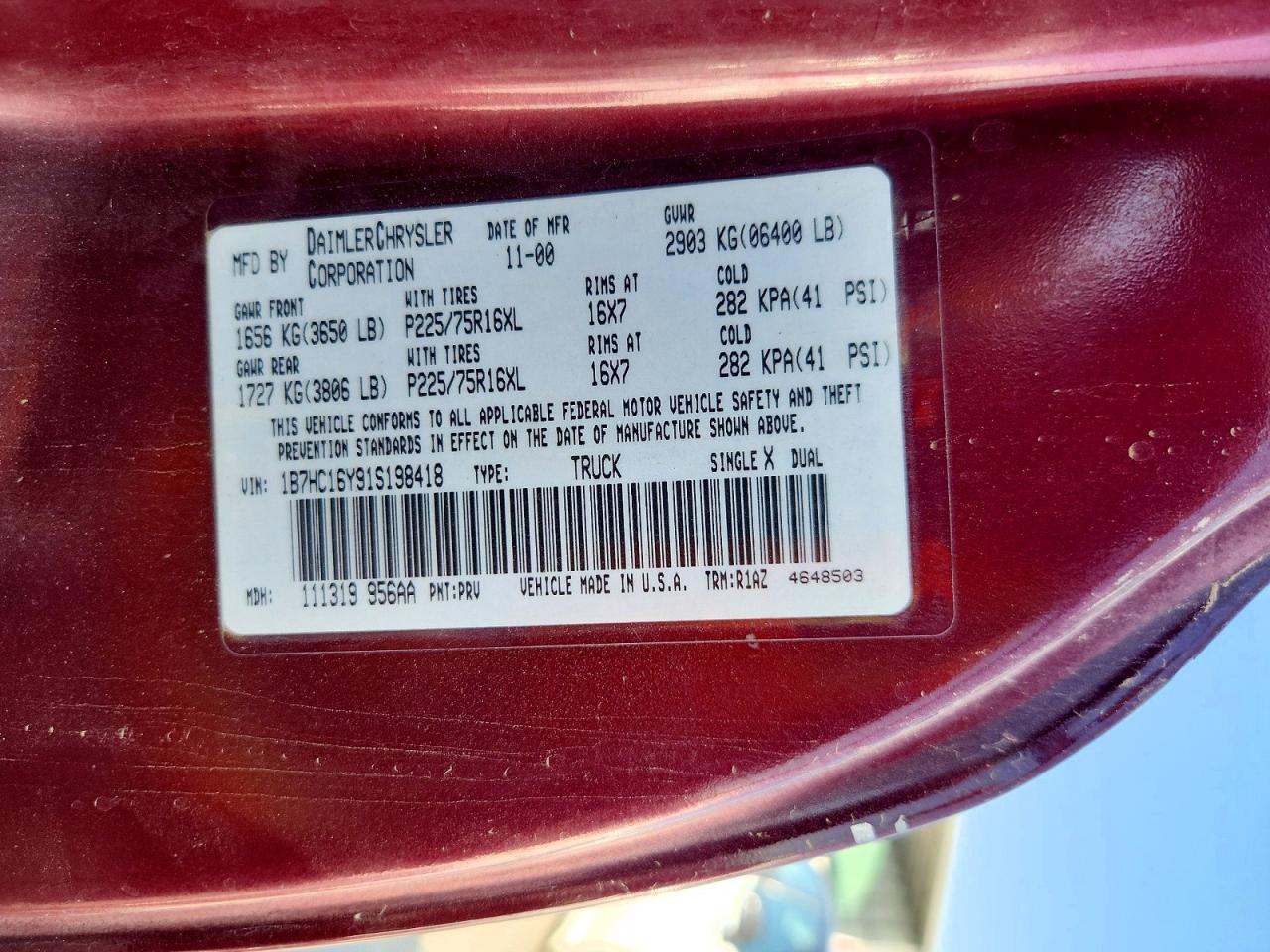 2001 Dodge Ram 1500 Maroon vin: 1B7HC16Y91S198418