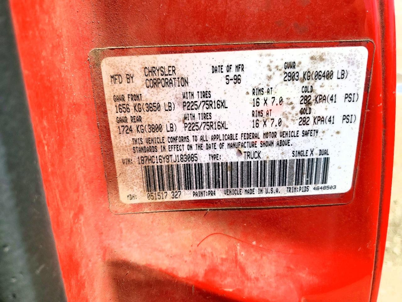 1996 Dodge Ram 1500 Red vin: 1B7HC16Y9TJ183085