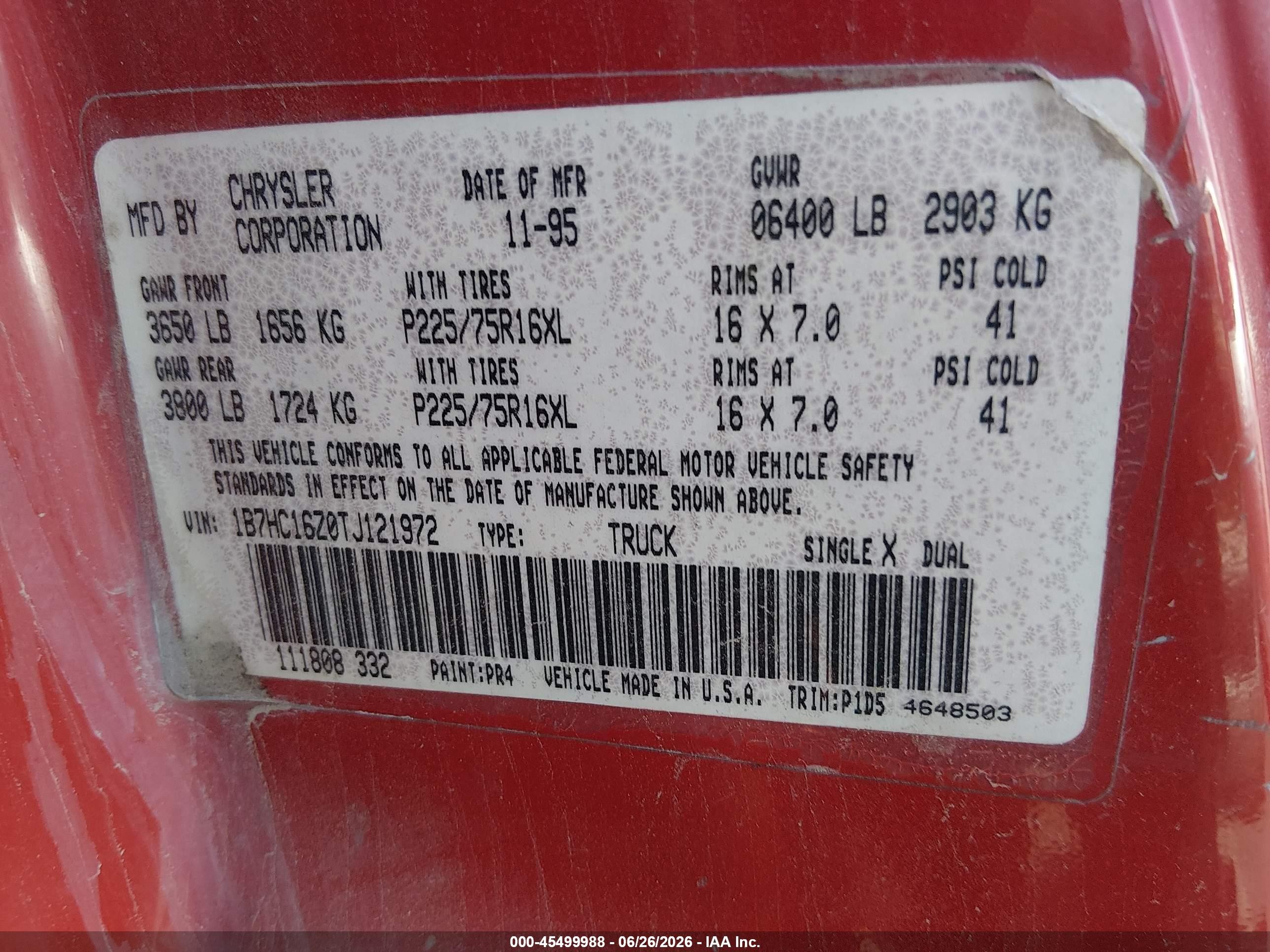 1996 Dodge Ram 1500   Red vin: 1B7HC16Z0TJ121972