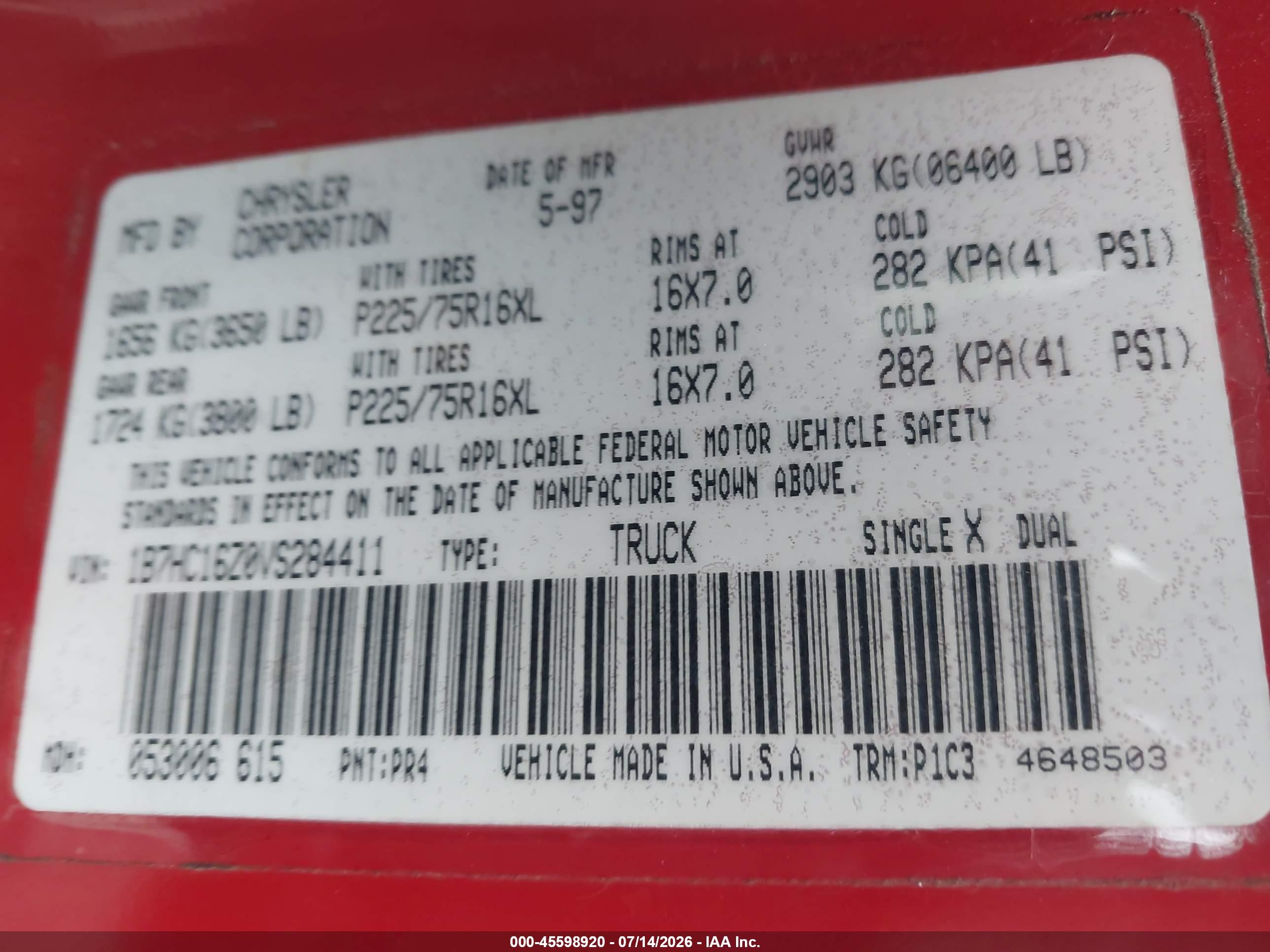 1997 Dodge Ram 1500 Lt Red vin: 1B7HC16Z0VS284411