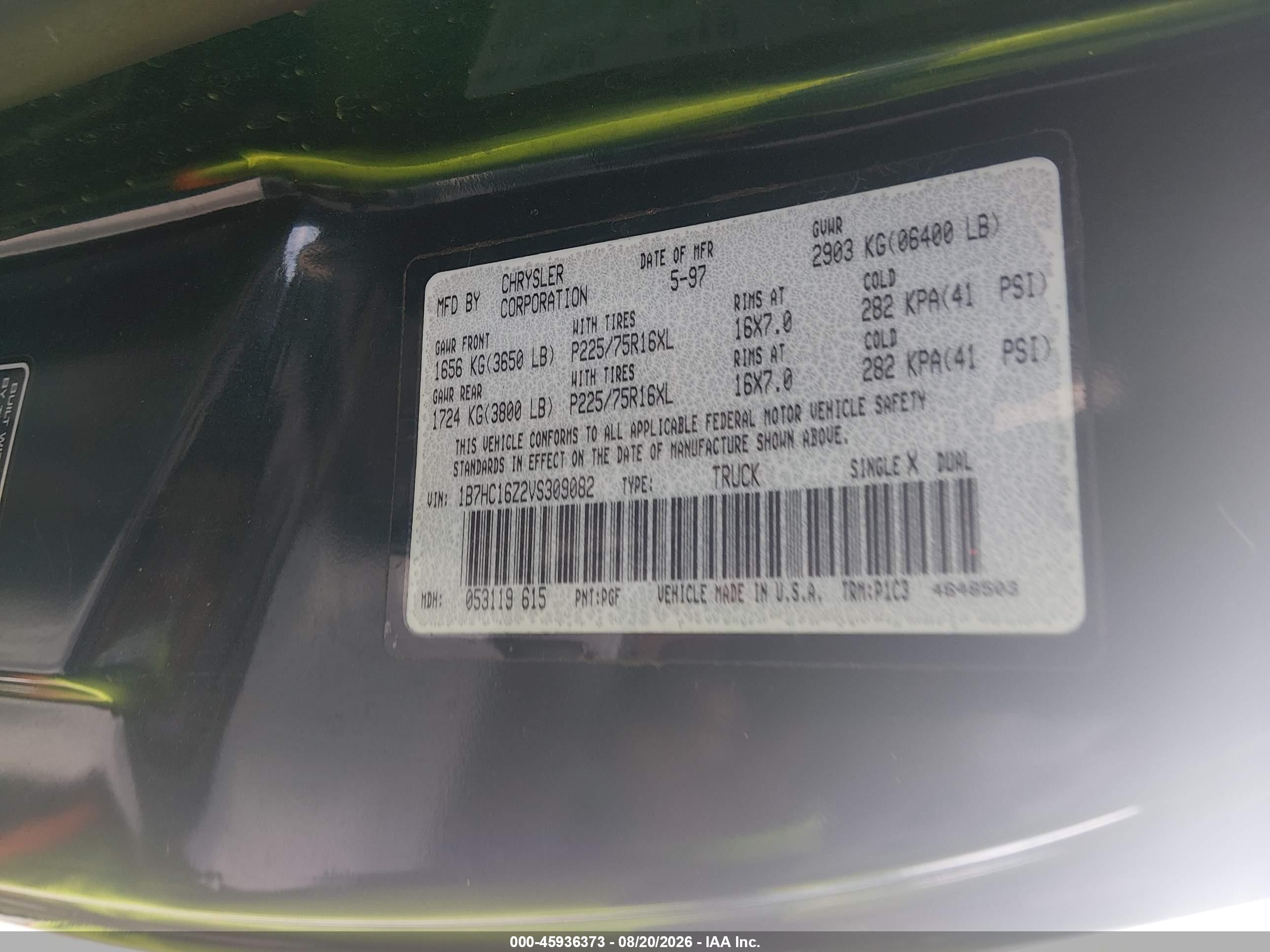 1997 Dodge Ram 1500 Lt Green vin: 1B7HC16Z2VS309082