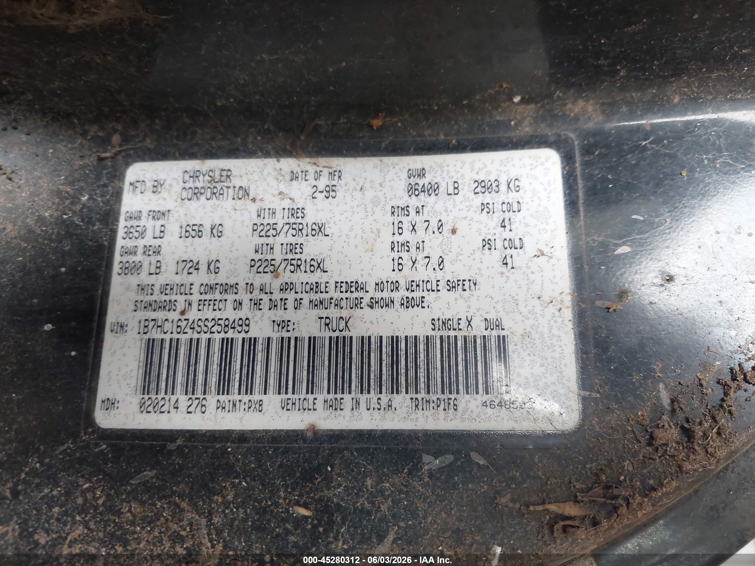 1995 Dodge Ram 1500   Черный vin: 1B7HC16Z4SS258499
