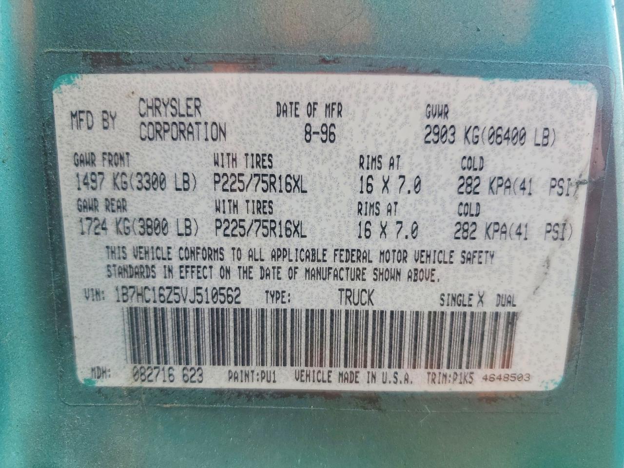 1997 Dodge Ram 1500 Green vin: 1B7HC16Z5VJ510562