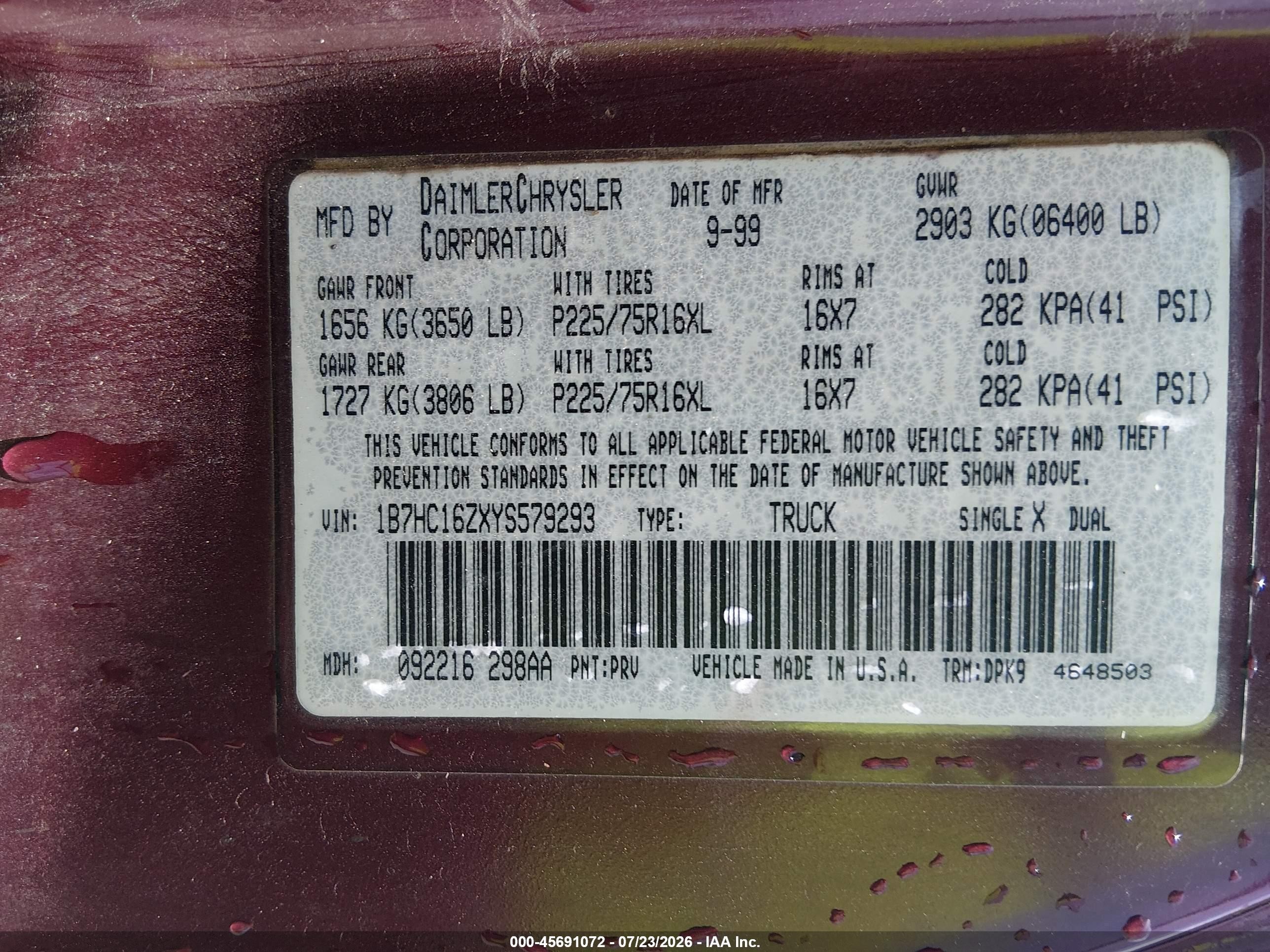 2000 Dodge Ram 1500 St Burgundy vin: 1B7HC16ZXYS579293