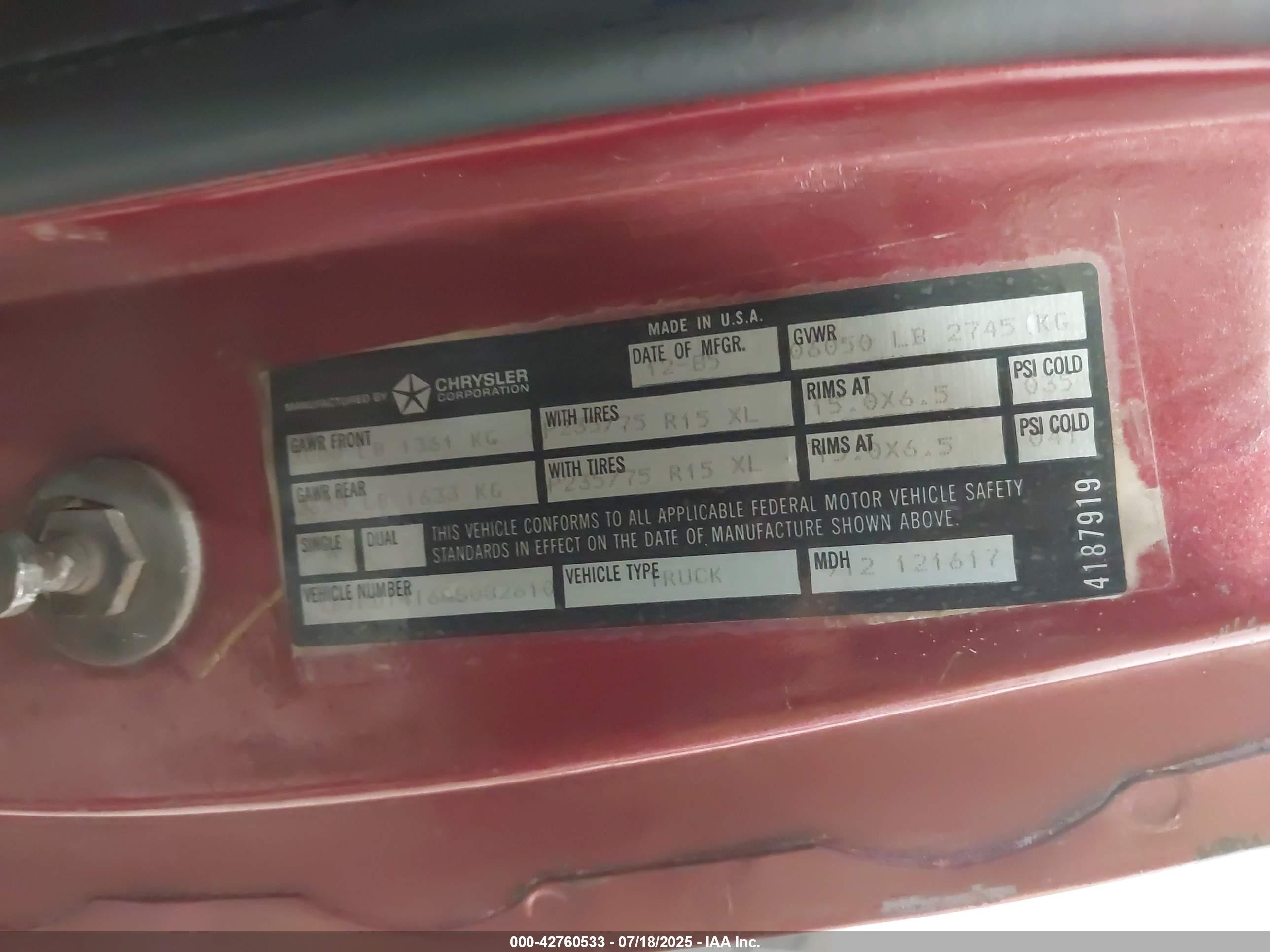 1986 Dodge D-series D150 Maroon vin: 1B7HD14T6GS082610