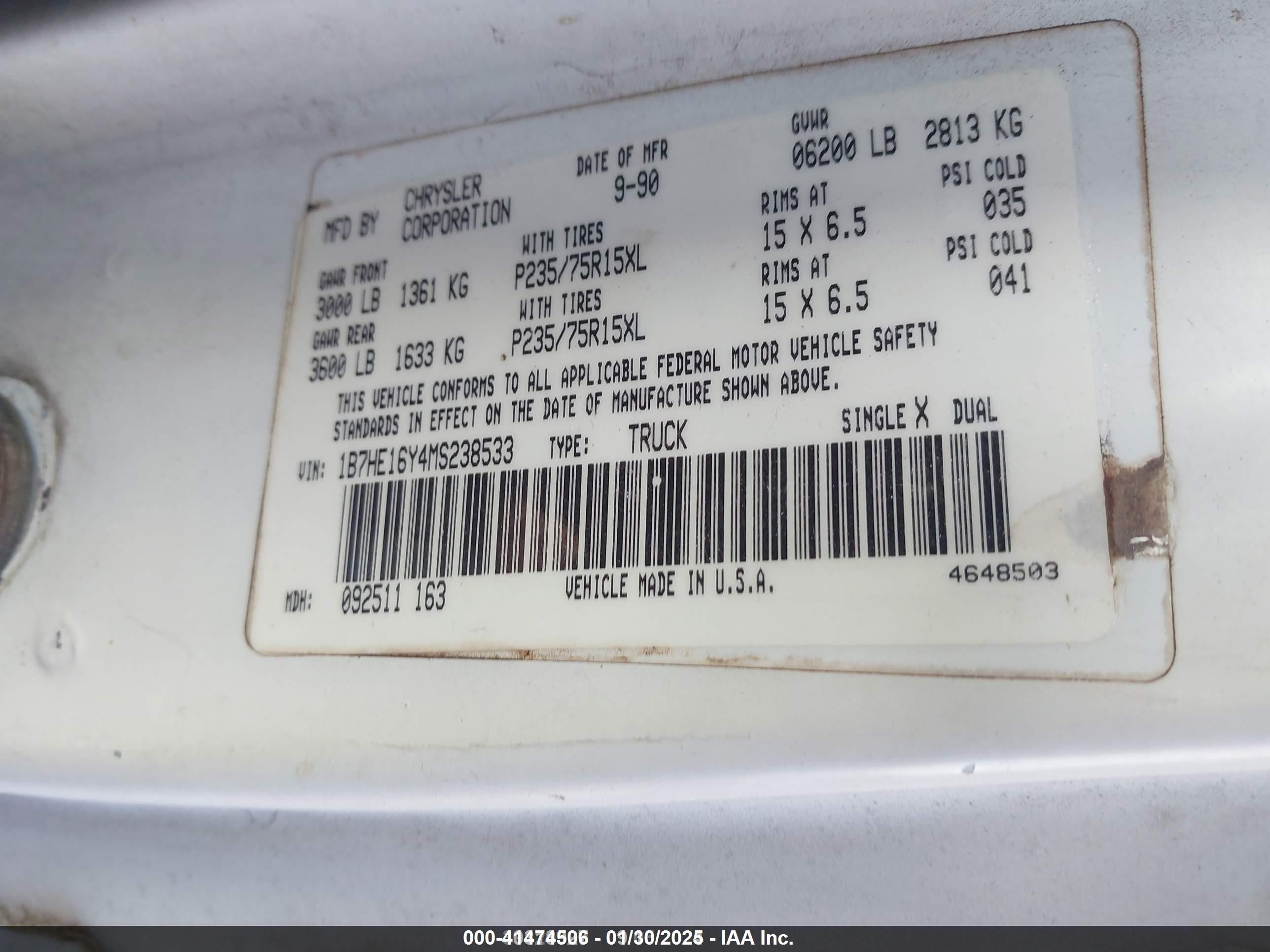 1991 Dodge D-series D150 vin: 1B7HE16Y4MS238533