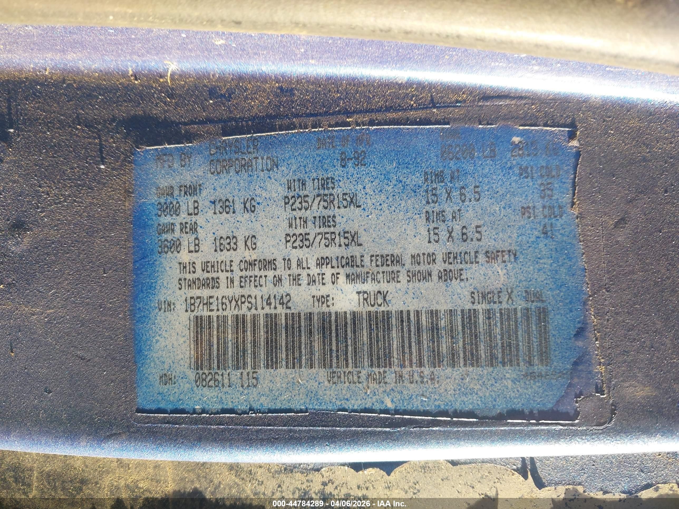 1993 Dodge D-series D150 Blue vin: 1B7HE16YXPS114142