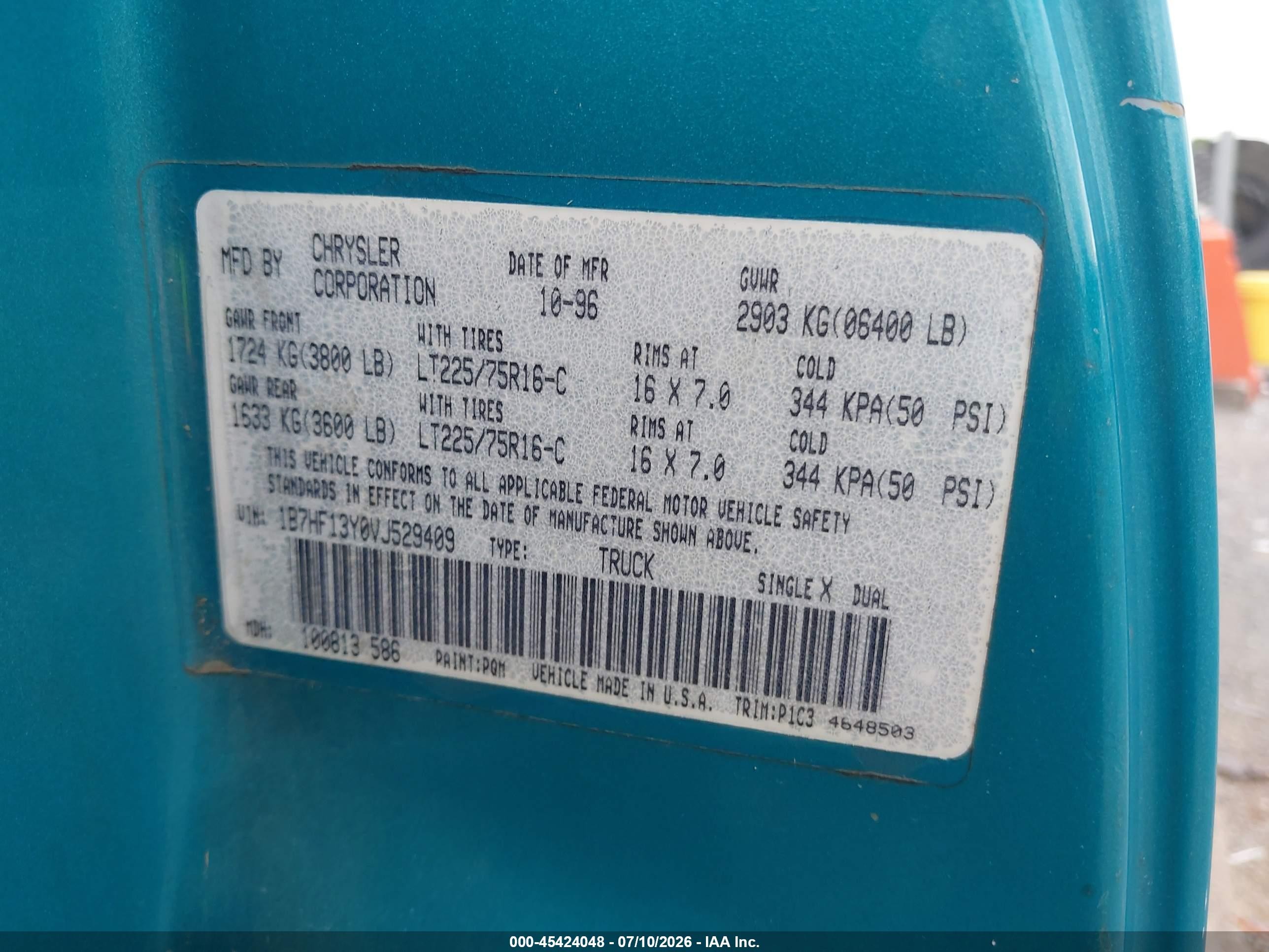 1997 Dodge Ram 1500 St Turquoise vin: 1B7HF13Y0VJ529409