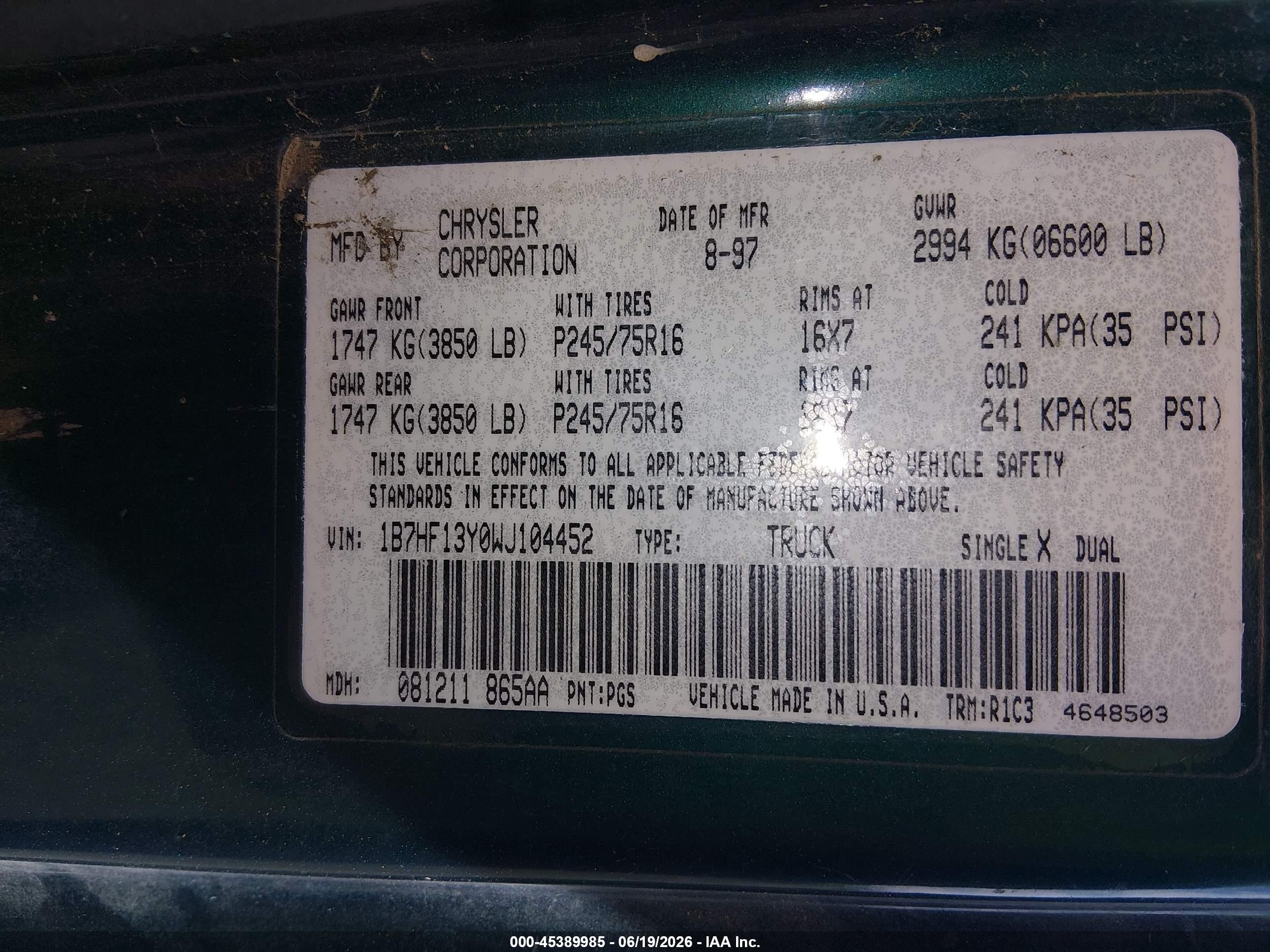 1998 Dodge Ram 1500 St Green vin: 1B7HF13Y0WJ104452