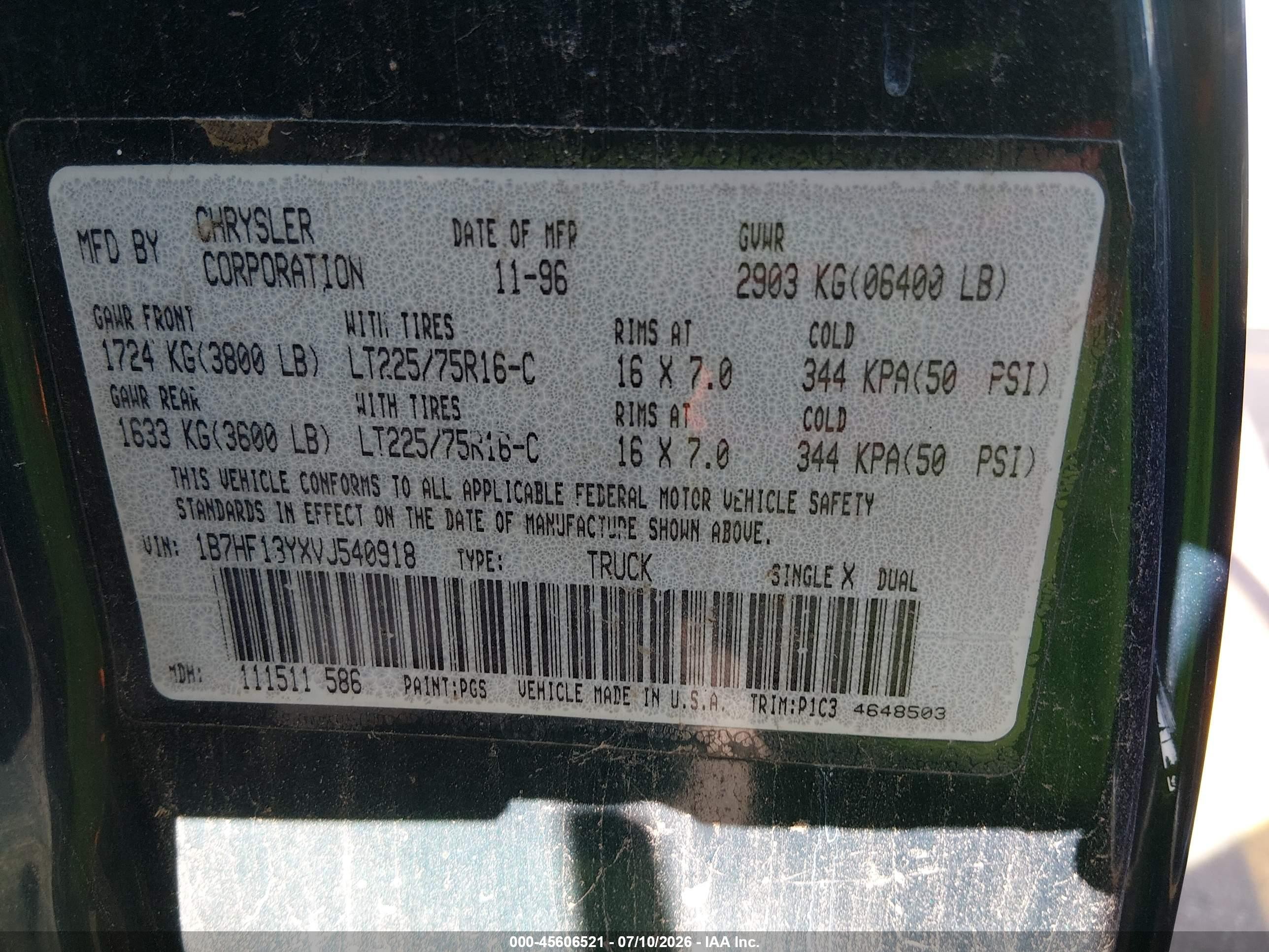 1997 Dodge Ram 1500 St Green vin: 1B7HF13YXVJ540918