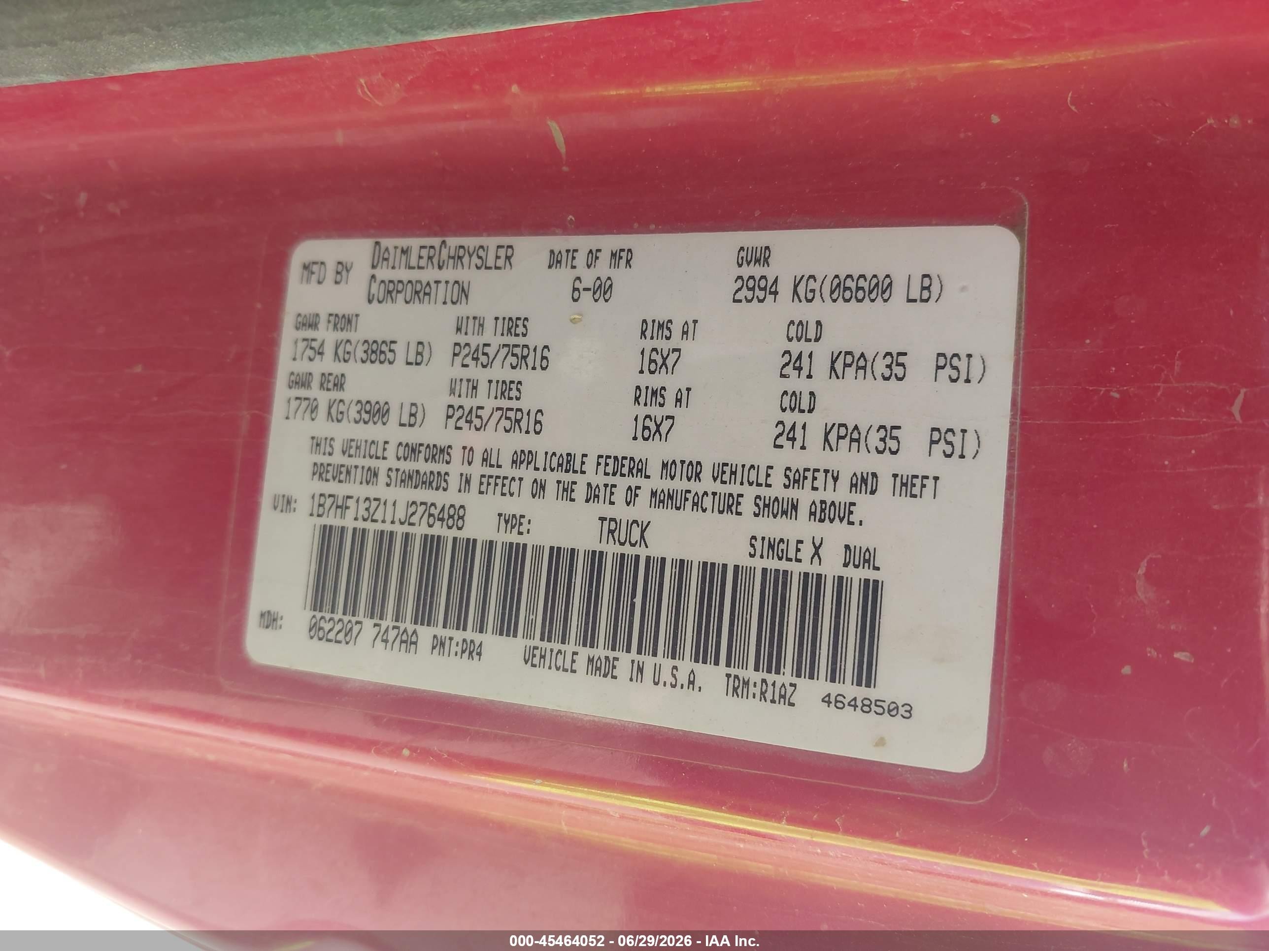 2001 Dodge Ram 1500 St Red vin: 1B7HF13Z11J276488
