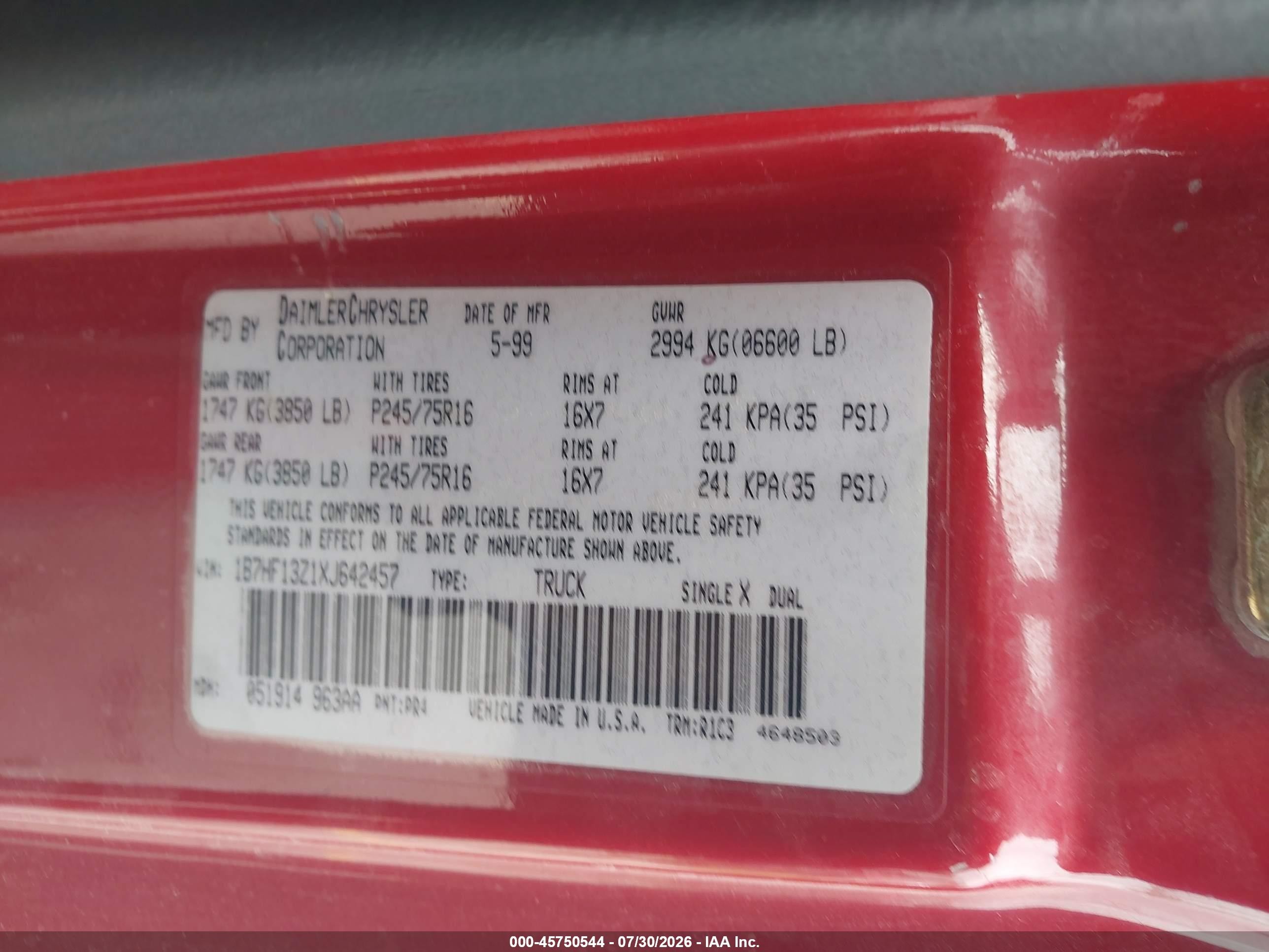 1999 Dodge Ram 1500 St Red vin: 1B7HF13Z1XJ642457