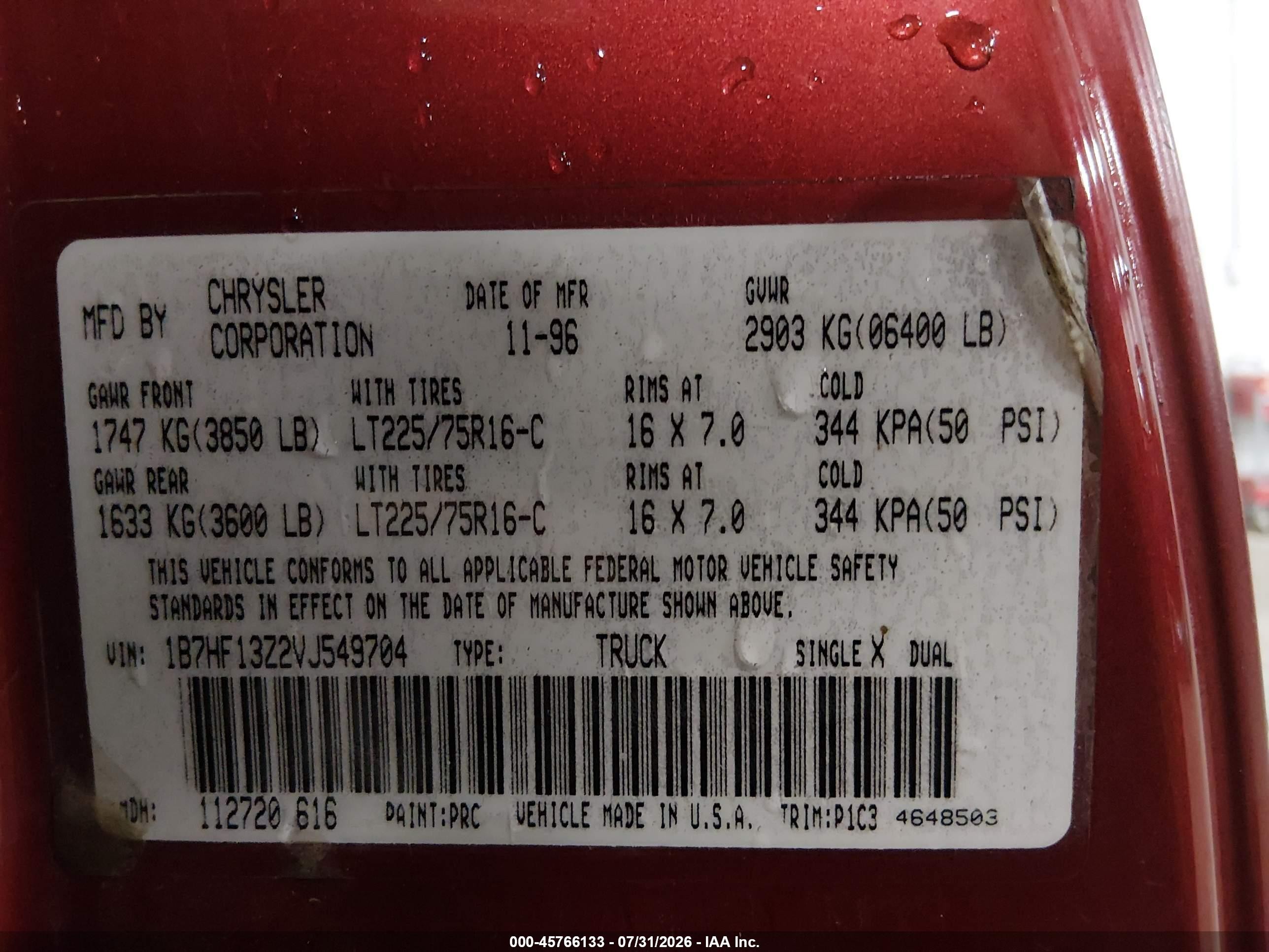 1997 Dodge Ram 1500 St Red vin: 1B7HF13Z2VJ549704
