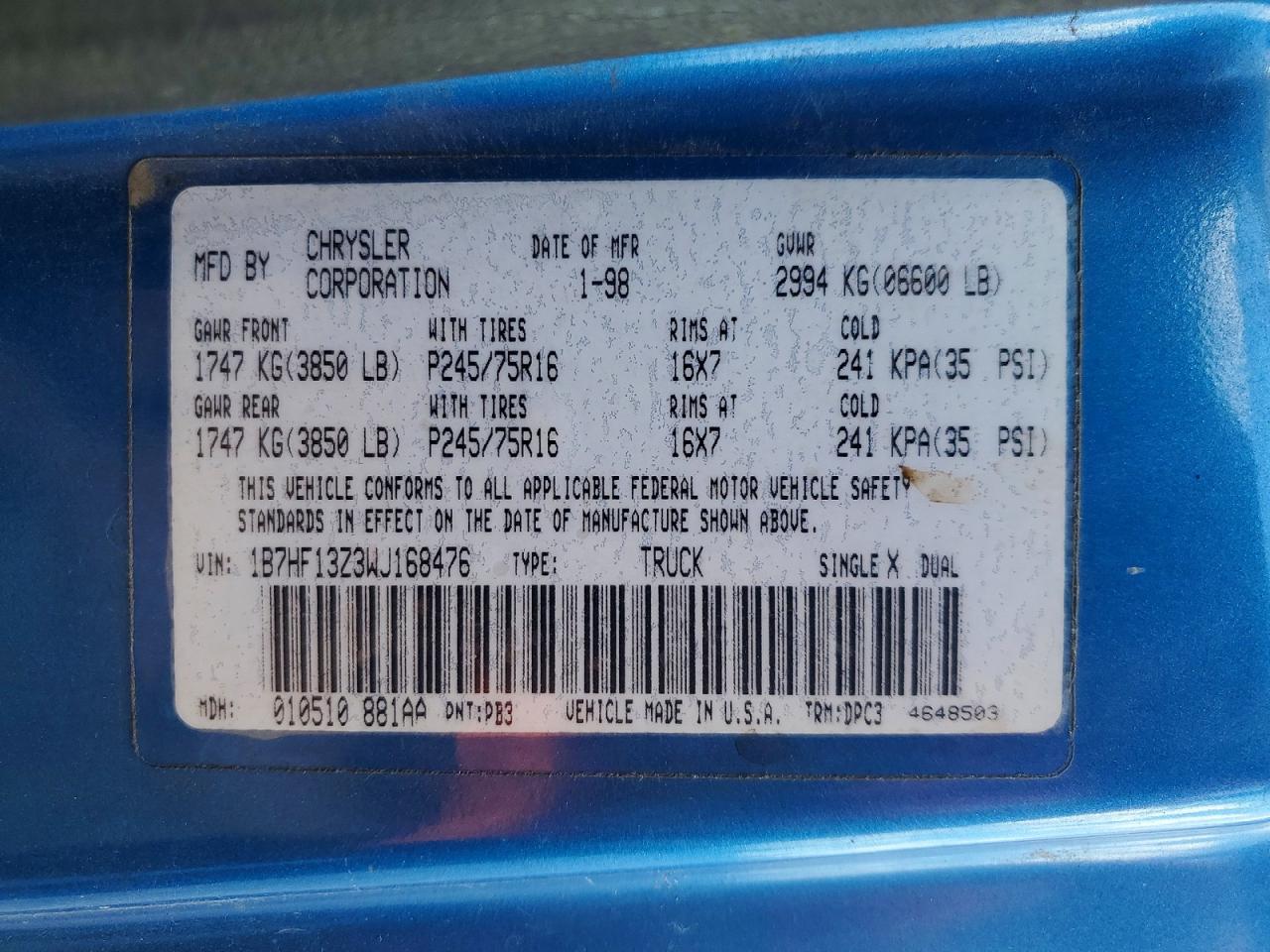 1998 Dodge Ram 1500 Blue vin: 1B7HF13Z3WJ168476