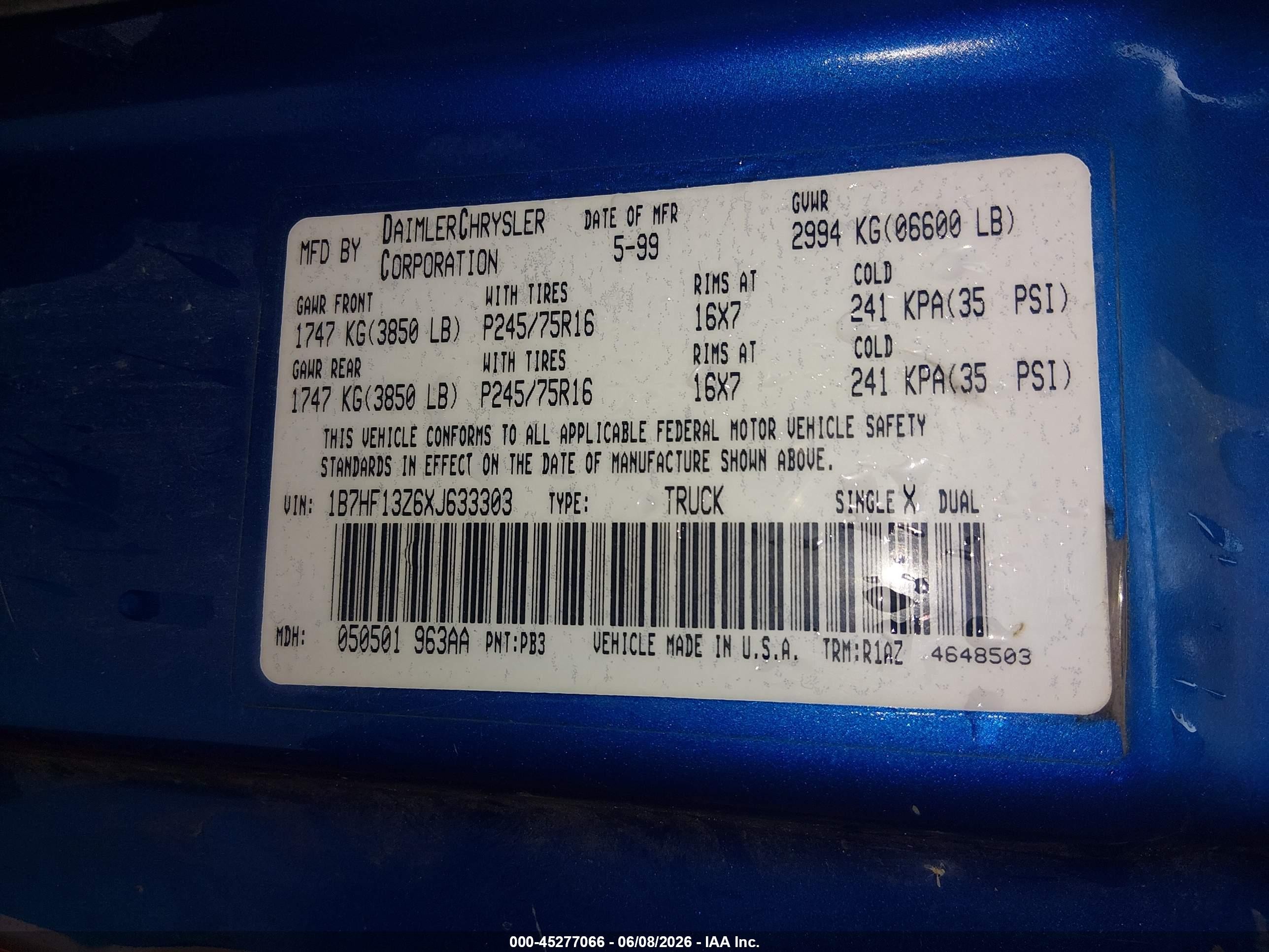 1999 Dodge Ram 1500 St Blue vin: 1B7HF13Z6XJ633303
