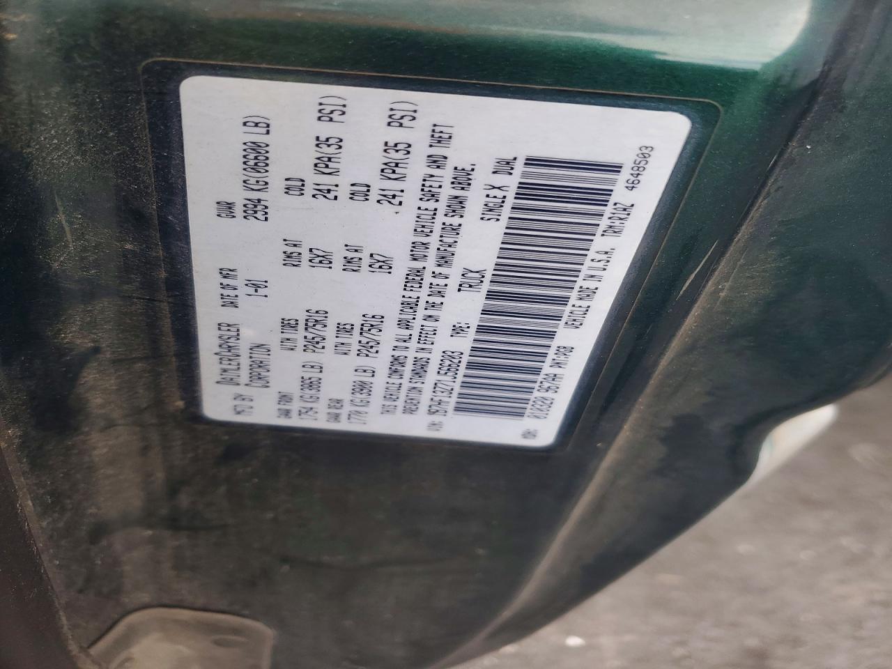 2001 Dodge Ram 1500 Green vin: 1B7HF13Z71J566203