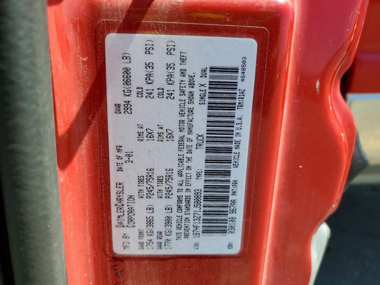 2001 Dodge Ram 1500 Red vin: 1B7HF13Z71J580893