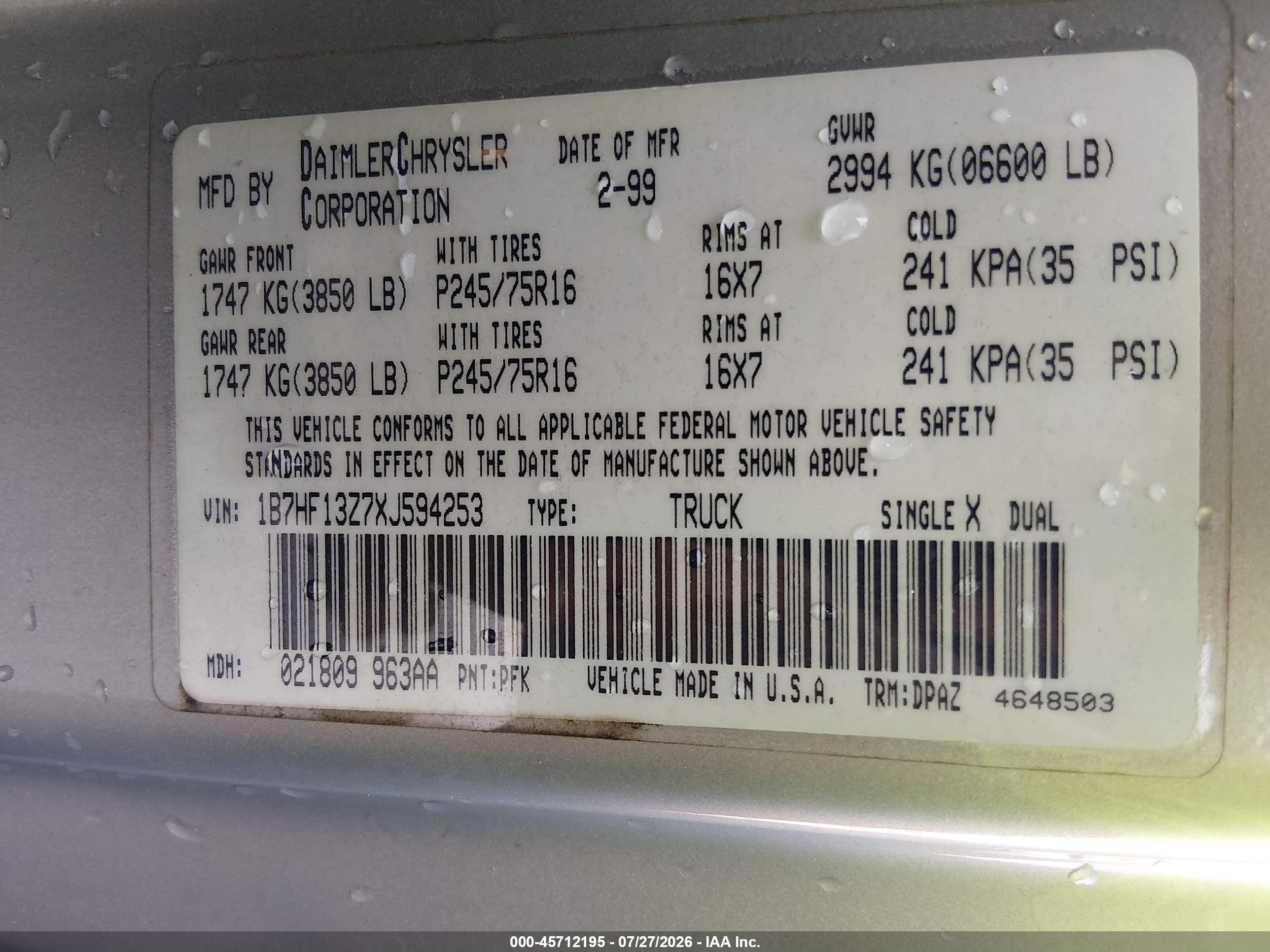 1999 Dodge Ram 1500 St Silver vin: 1B7HF13Z7XJ594253