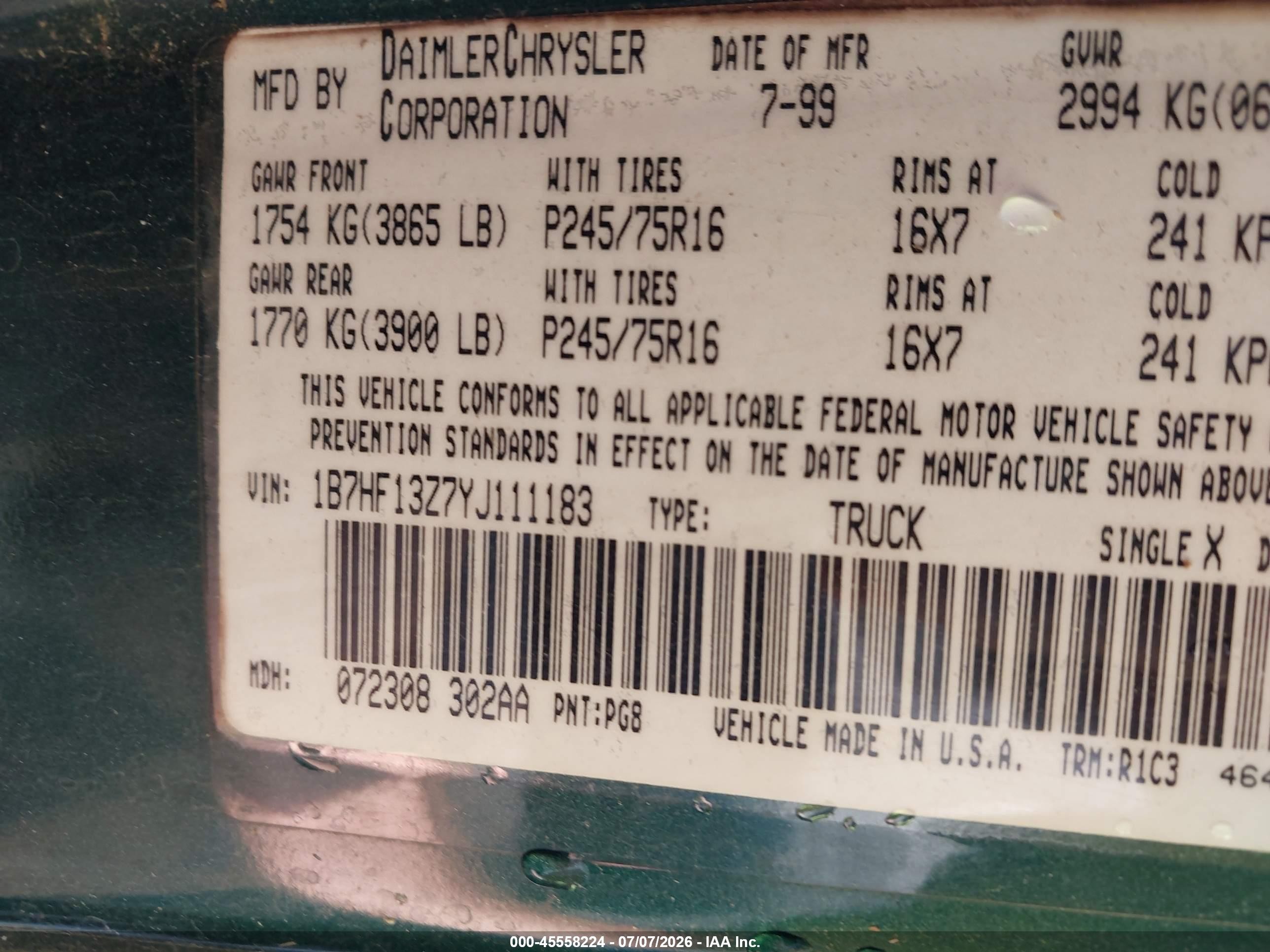 2000 Dodge Ram 1500 St Green vin: 1B7HF13Z7YJ111183