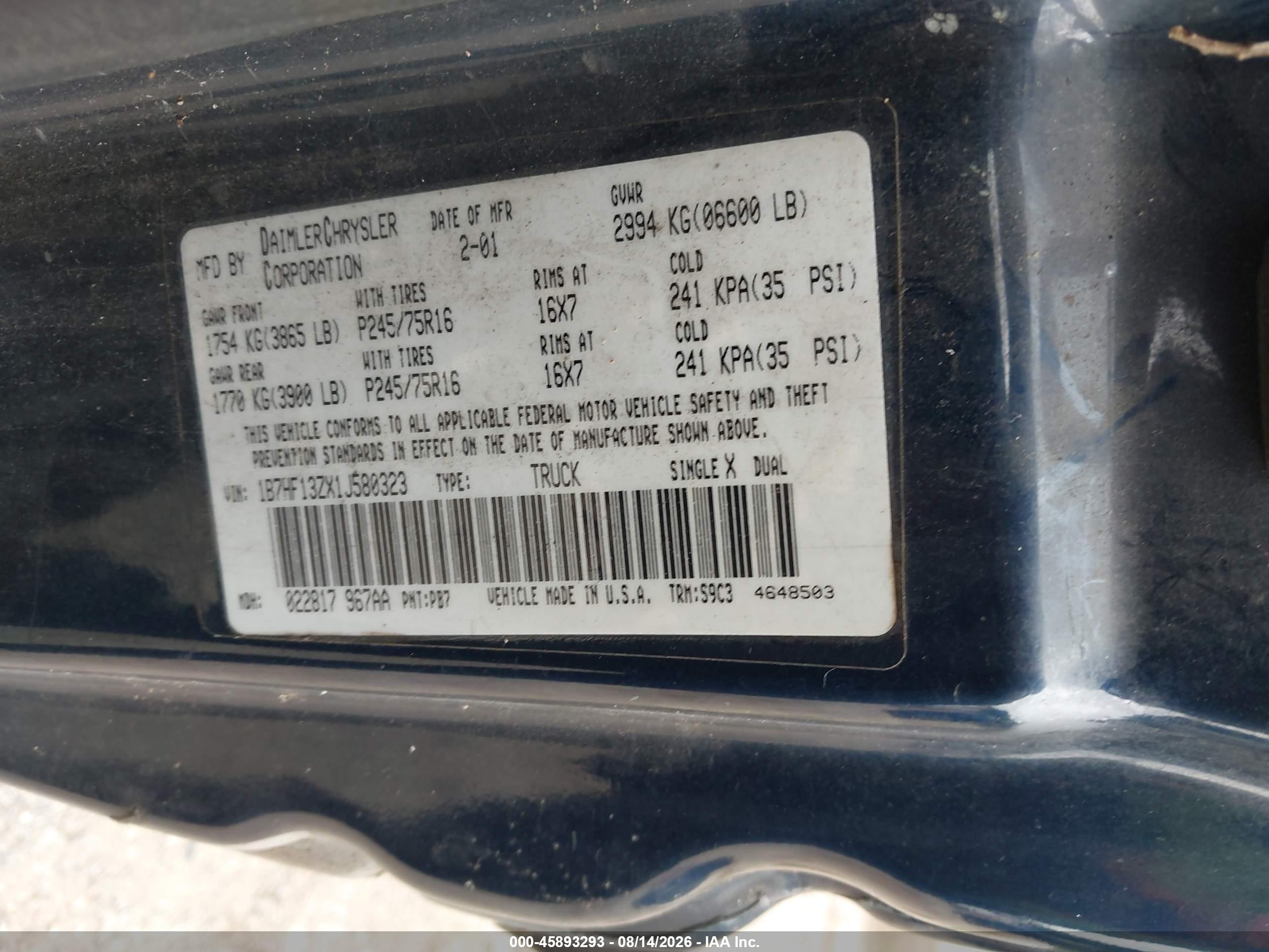 2001 Dodge Ram 1500 St Blue vin: 1B7HF13ZX1J580323