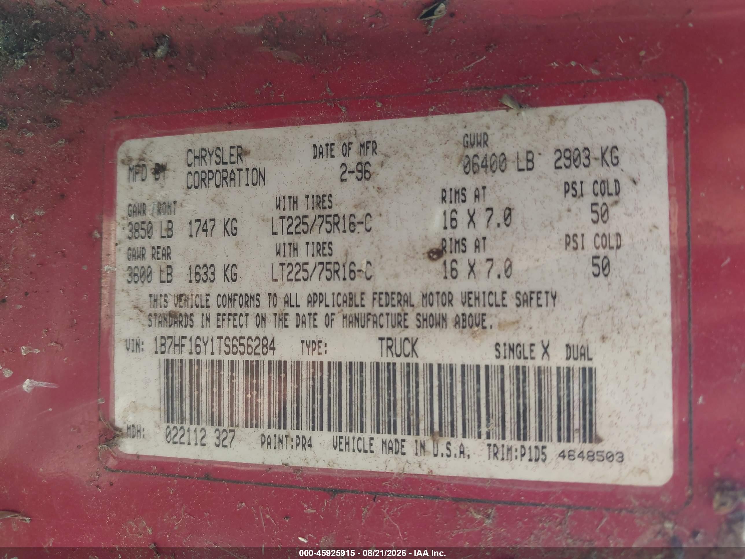 1996 Dodge Ram 1500   Red vin: 1B7HF16Y1TS656284