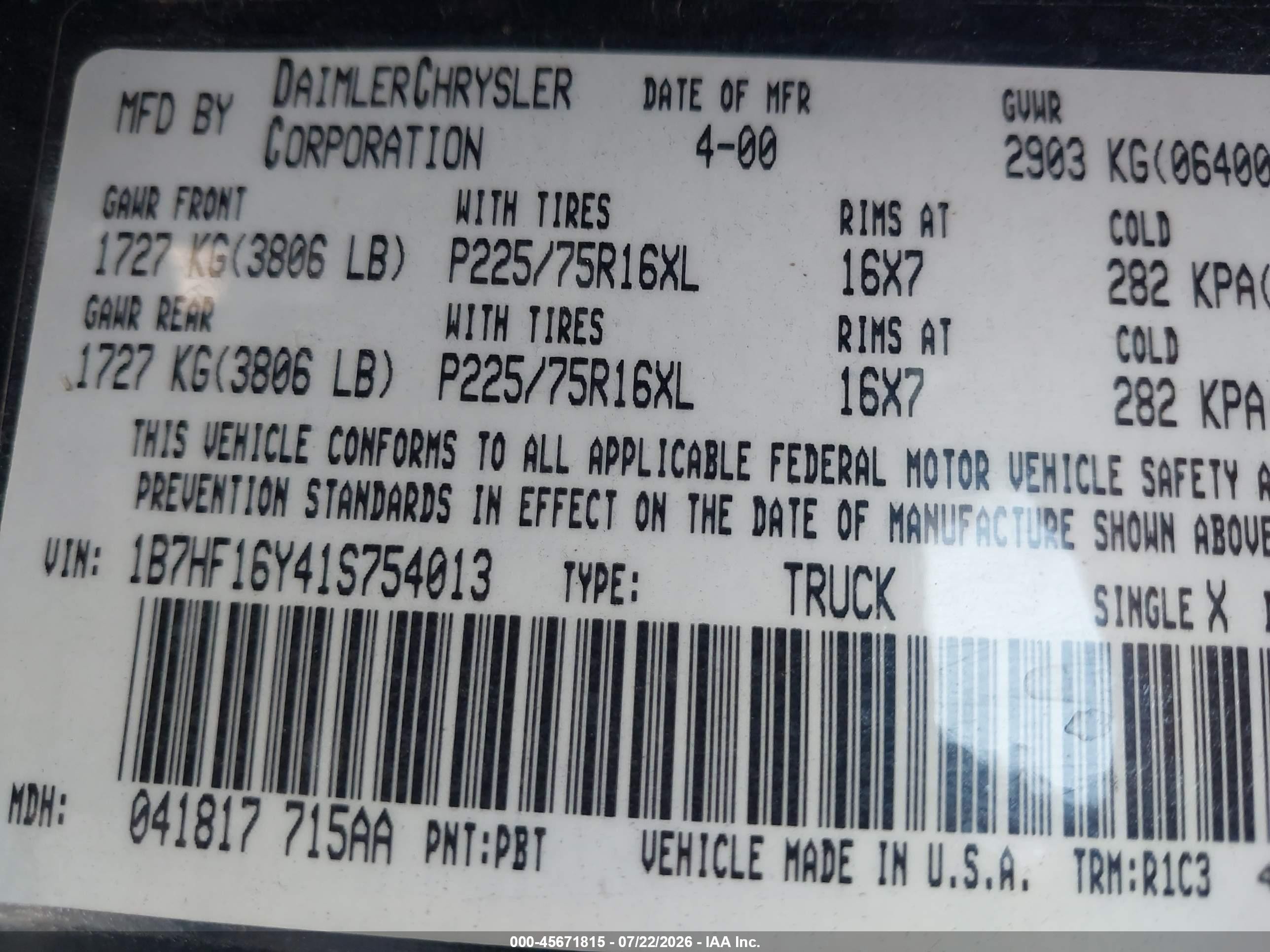 2001 Dodge Ram 1500 St Blue vin: 1B7HF16Y41S754013