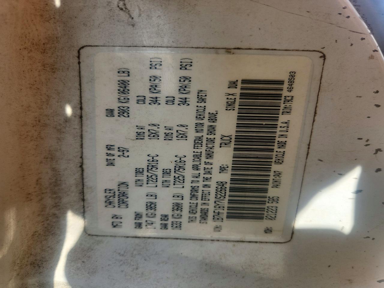 1997 Dodge Ram 1500 White vin: 1B7HF16Y7VS226648