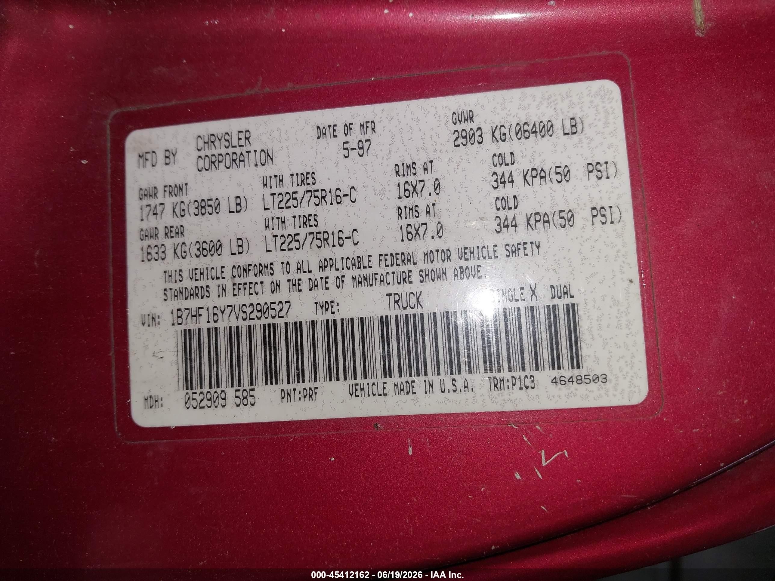 1997 Dodge Ram 1500 Lt Red vin: 1B7HF16Y7VS290527