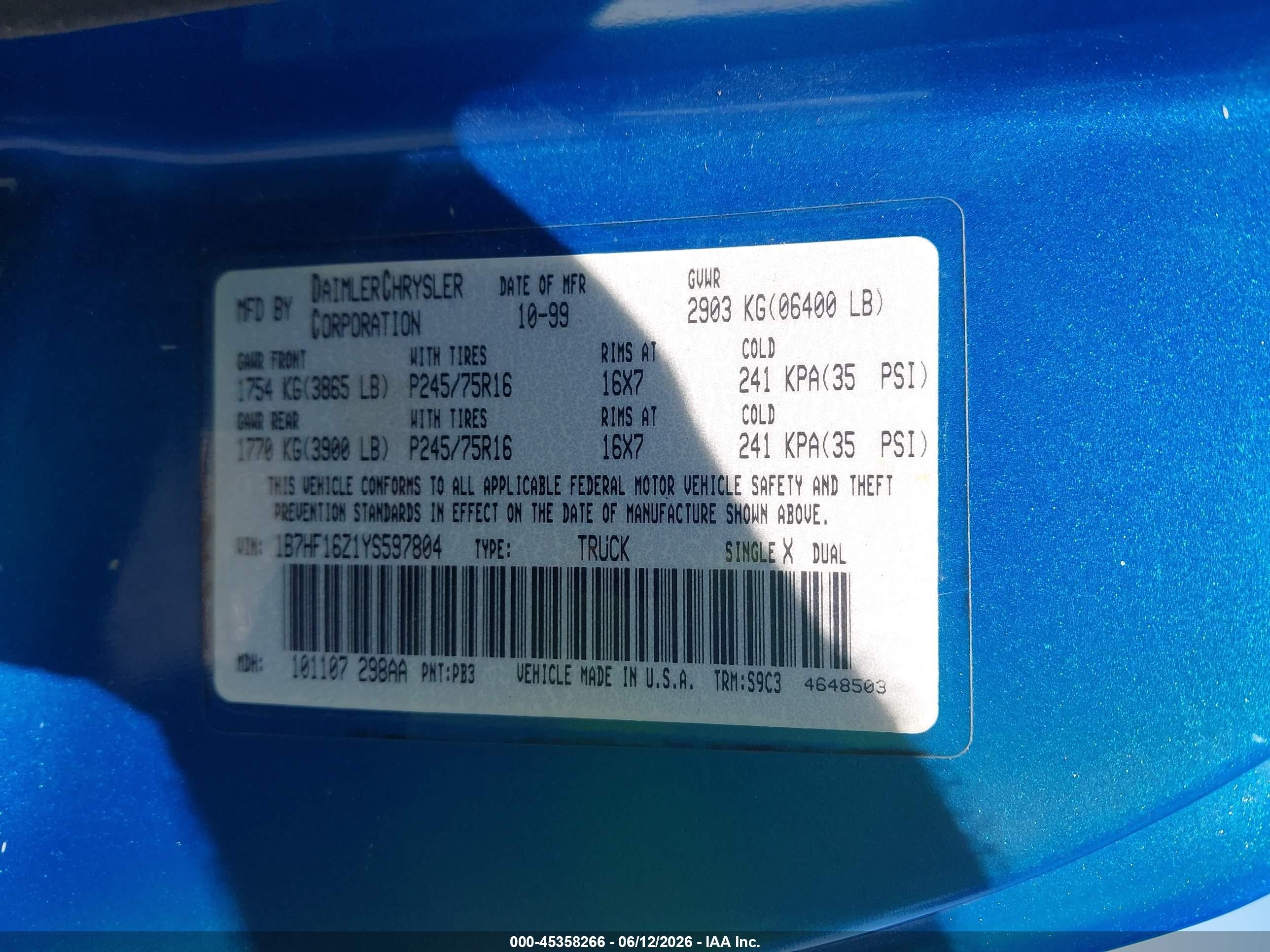 2000 Dodge Ram 1500 St Blue vin: 1B7HF16Z1YS597804