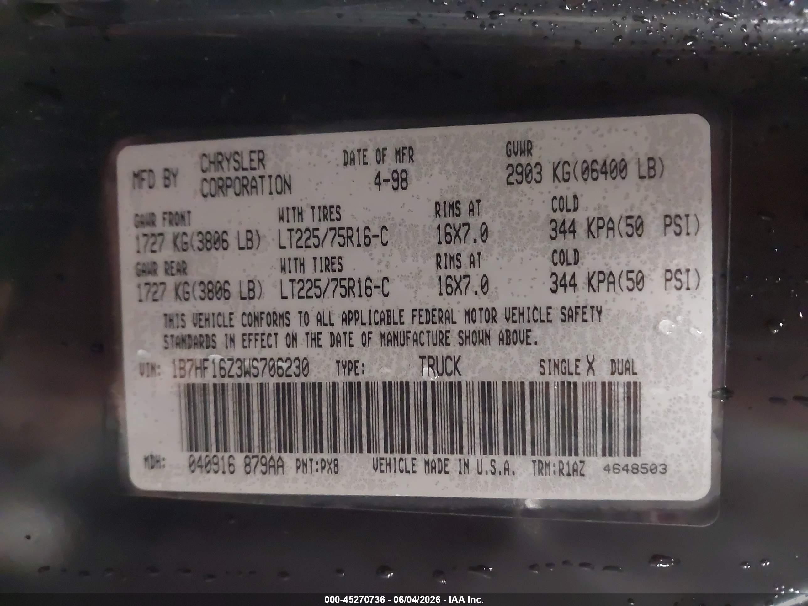 1998 Dodge Ram 1500 St Black vin: 1B7HF16Z3WS706230
