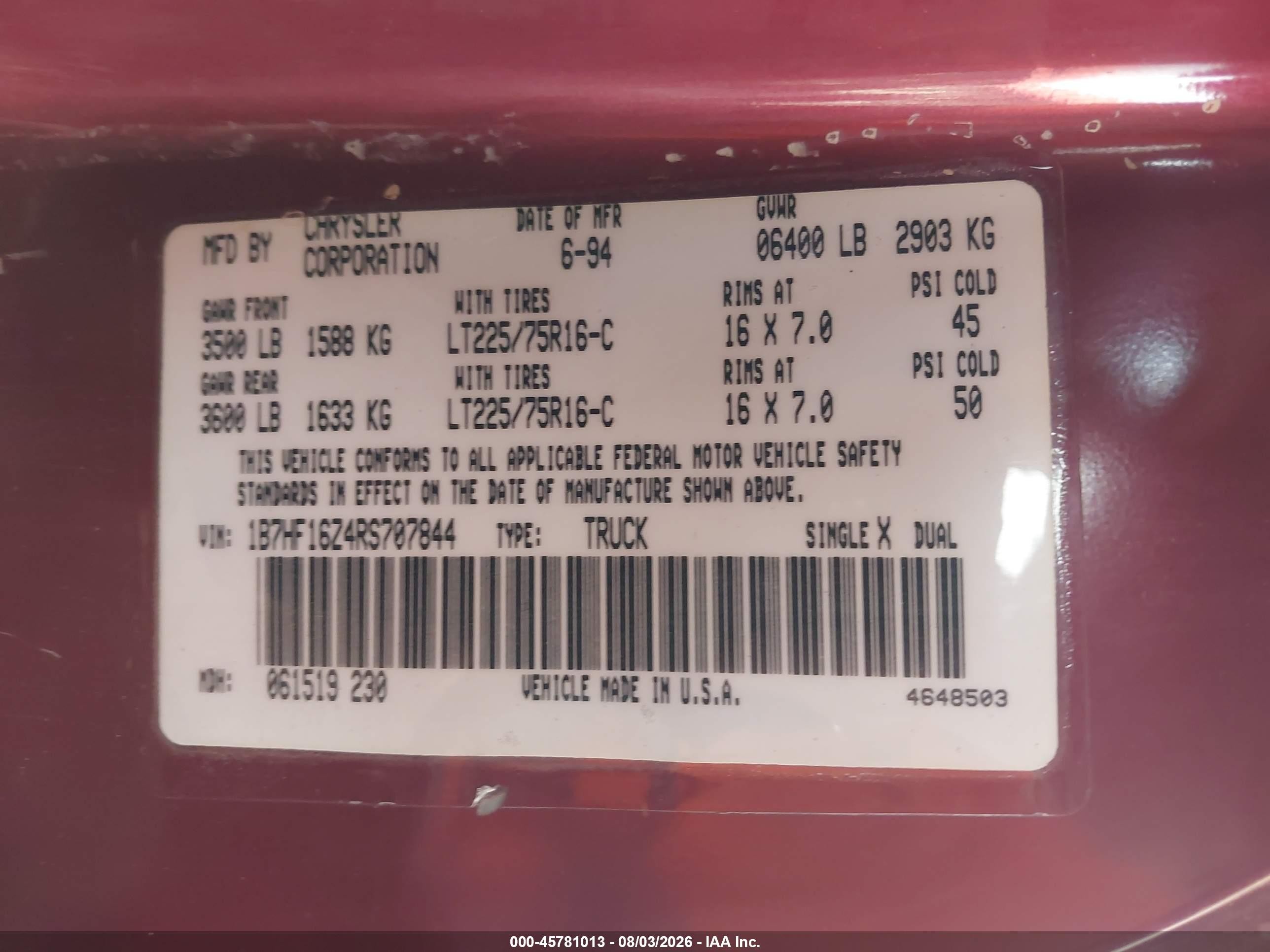 1994 Dodge Ram 1500   Red vin: 1B7HF16Z4RS707844