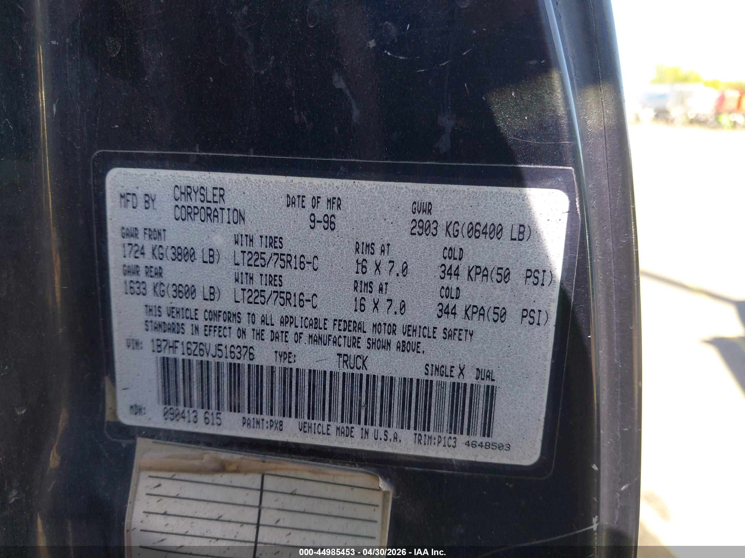 1997 Dodge Ram 1500 Lt Black vin: 1B7HF16Z6VJ516376