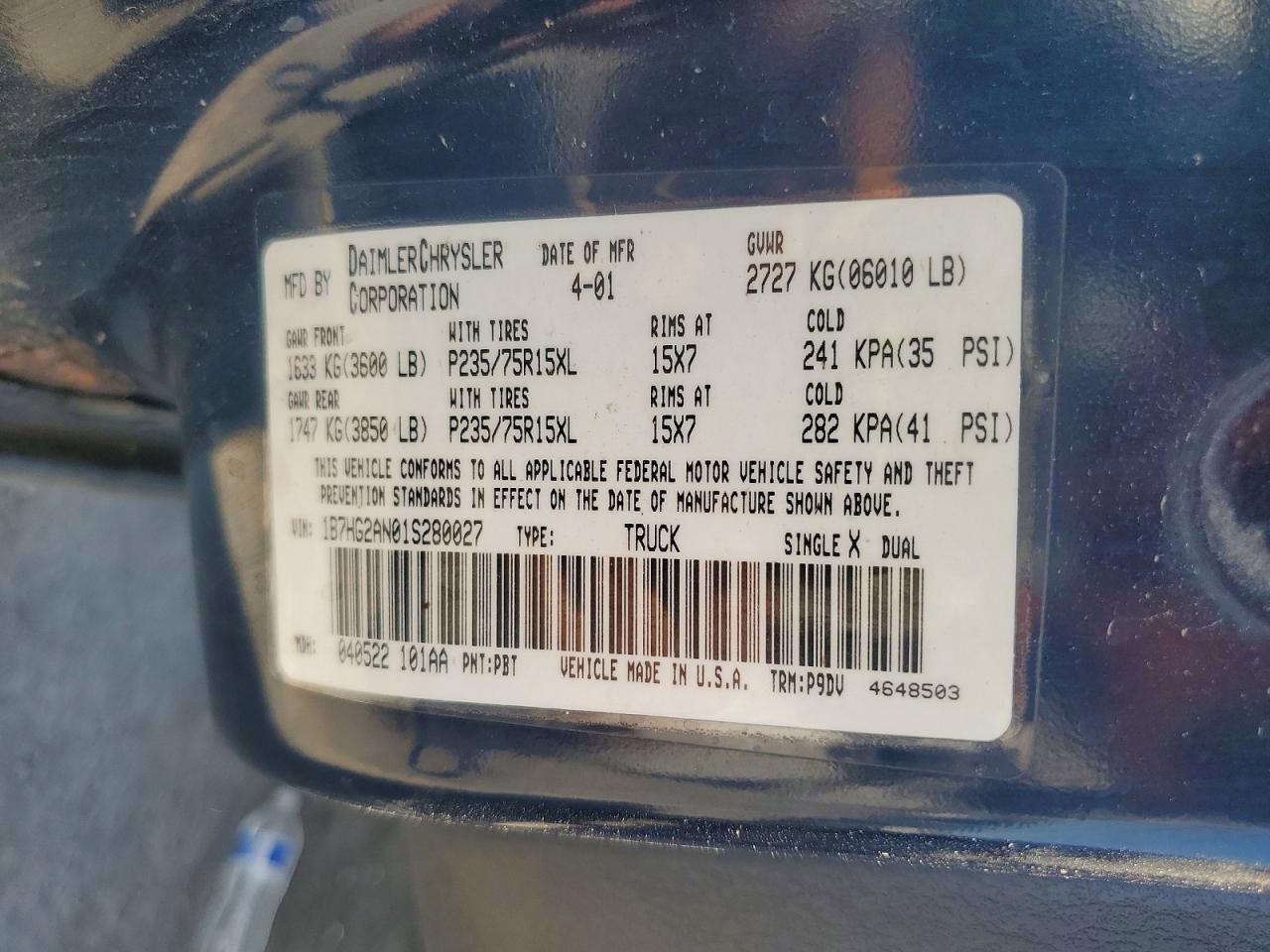 2001 Dodge Dakota Quad Blue vin: 1B7HG2AN01S280027