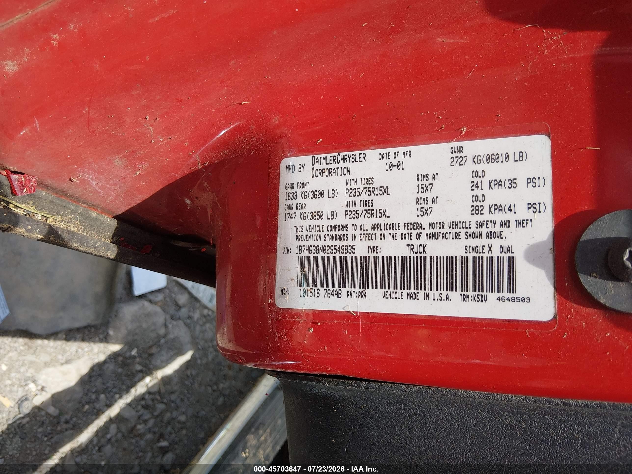 2002 Dodge Dakota Sport Red vin: 1B7HG38N02S549835