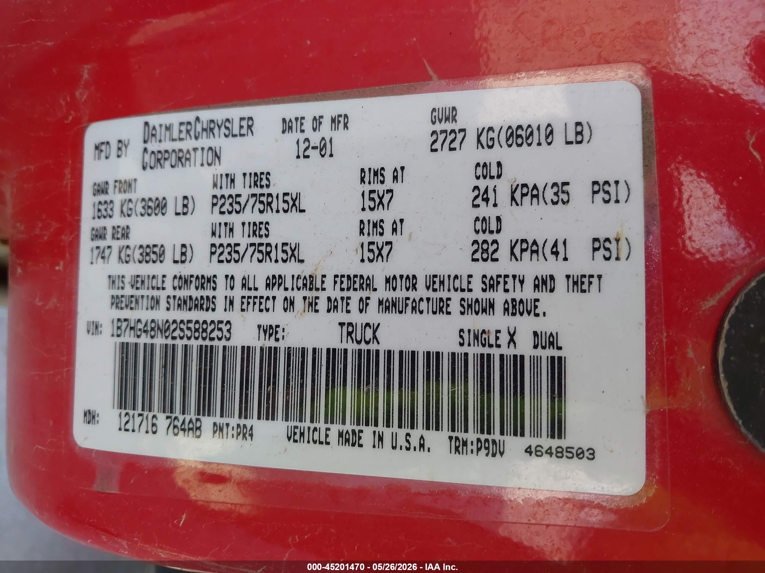 2002 Dodge Dakota Slt Red vin: 1B7HG48N02S588253