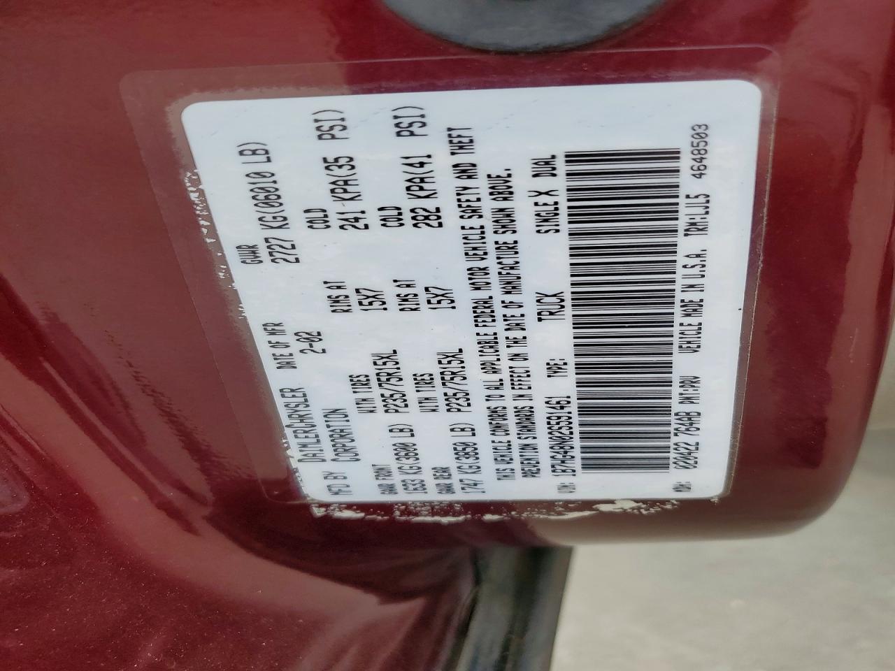 2002 Dodge Dakota Quad Slt Burgundy vin: 1B7HG48N02S591461