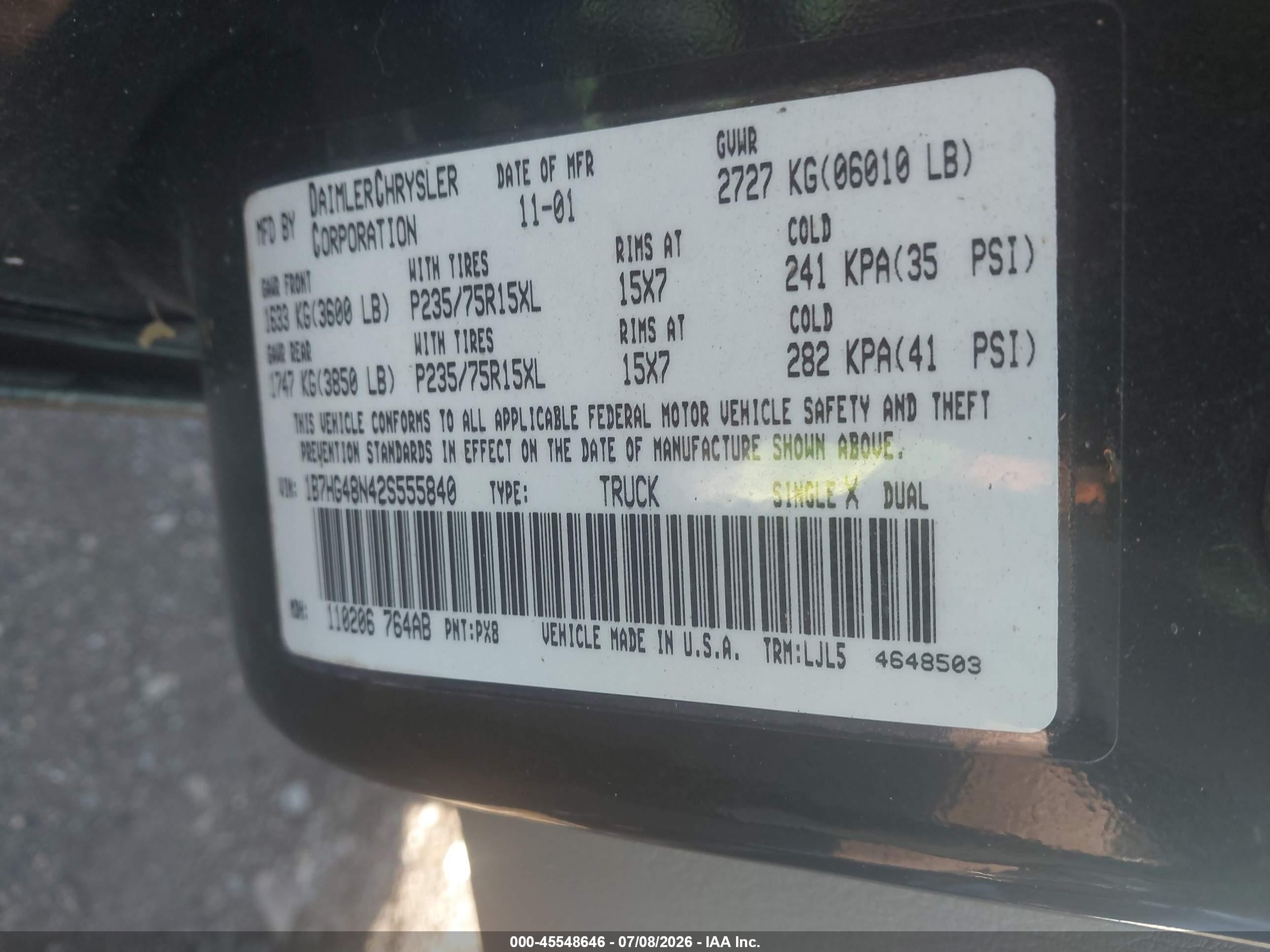 2002 Dodge Dakota Slt Черный vin: 1B7HG48N42S555840