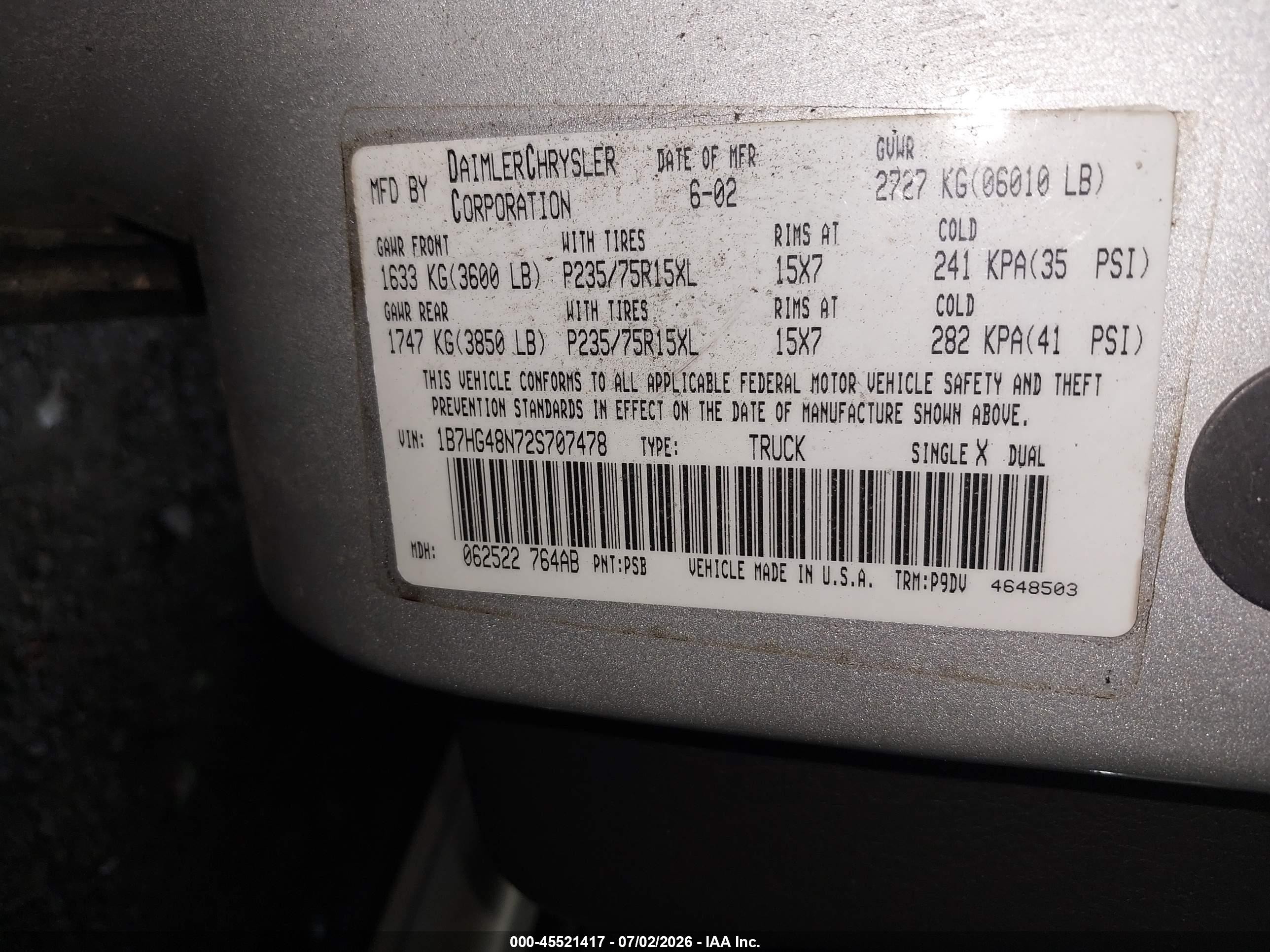 2002 Dodge Dakota Slt Gray vin: 1B7HG48N72S707478