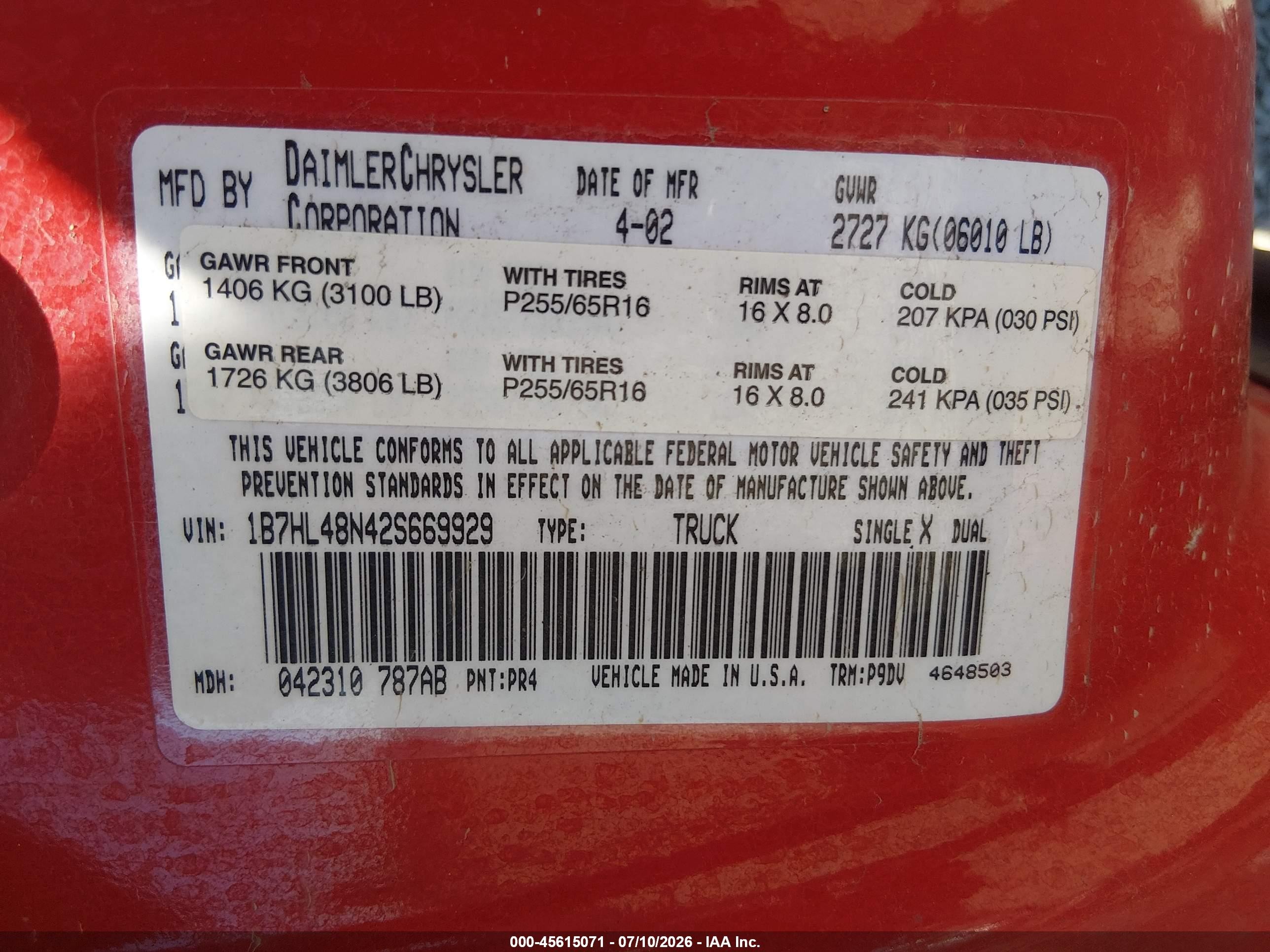 2002 Dodge Dakota Slt Red vin: 1B7HL48N42S669929
